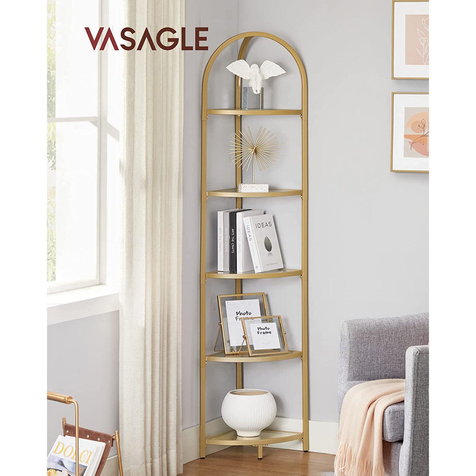 5-Tier Glass Corner Storage Shelf - Metallic Gold