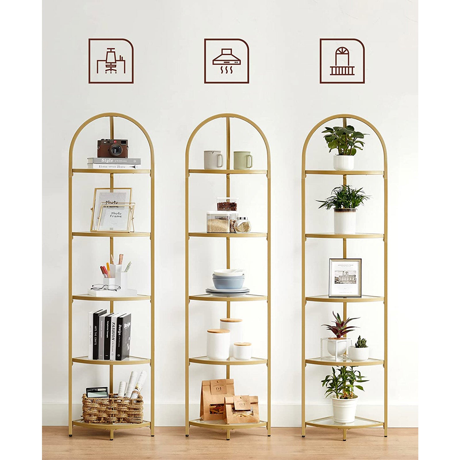 5-Tier Glass Corner Storage Shelf - Metallic Gold