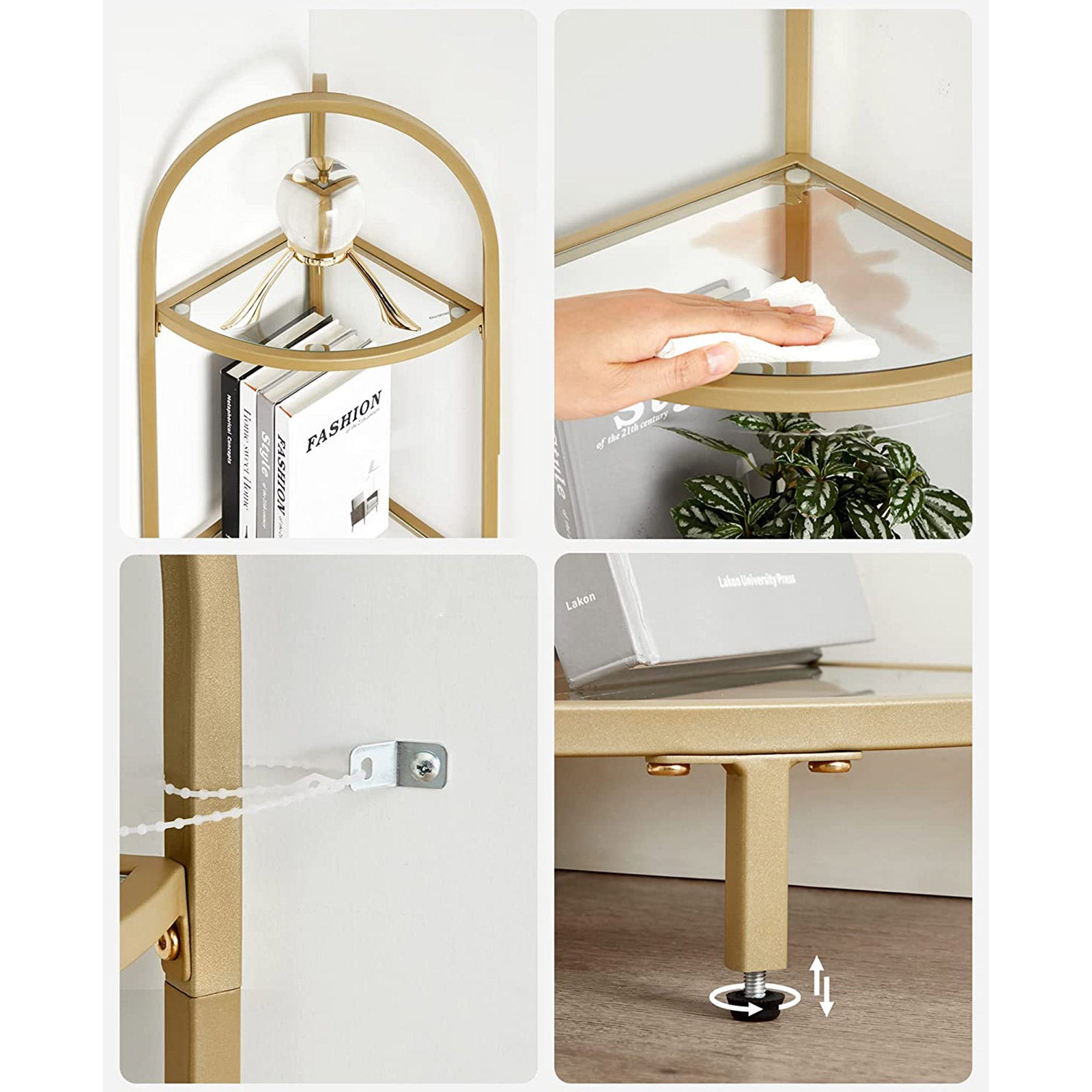 5-Tier Glass Corner Storage Shelf - Metallic Gold