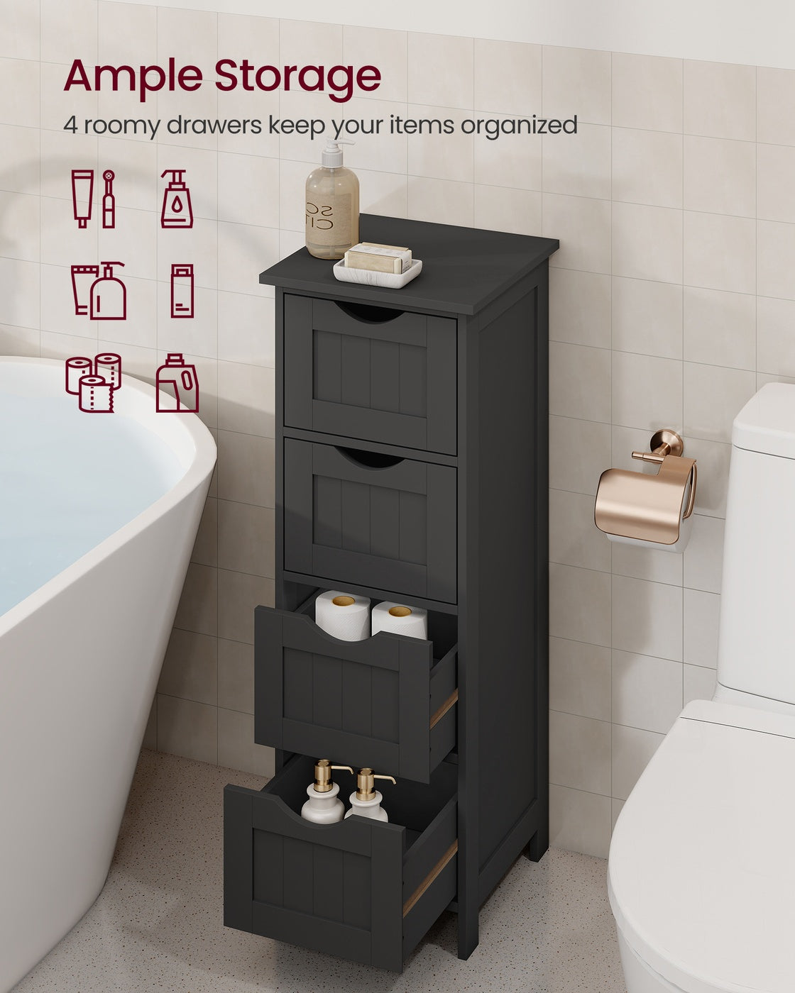 Slim Bathroom Storage Cabinet with 4 Drawers Black
