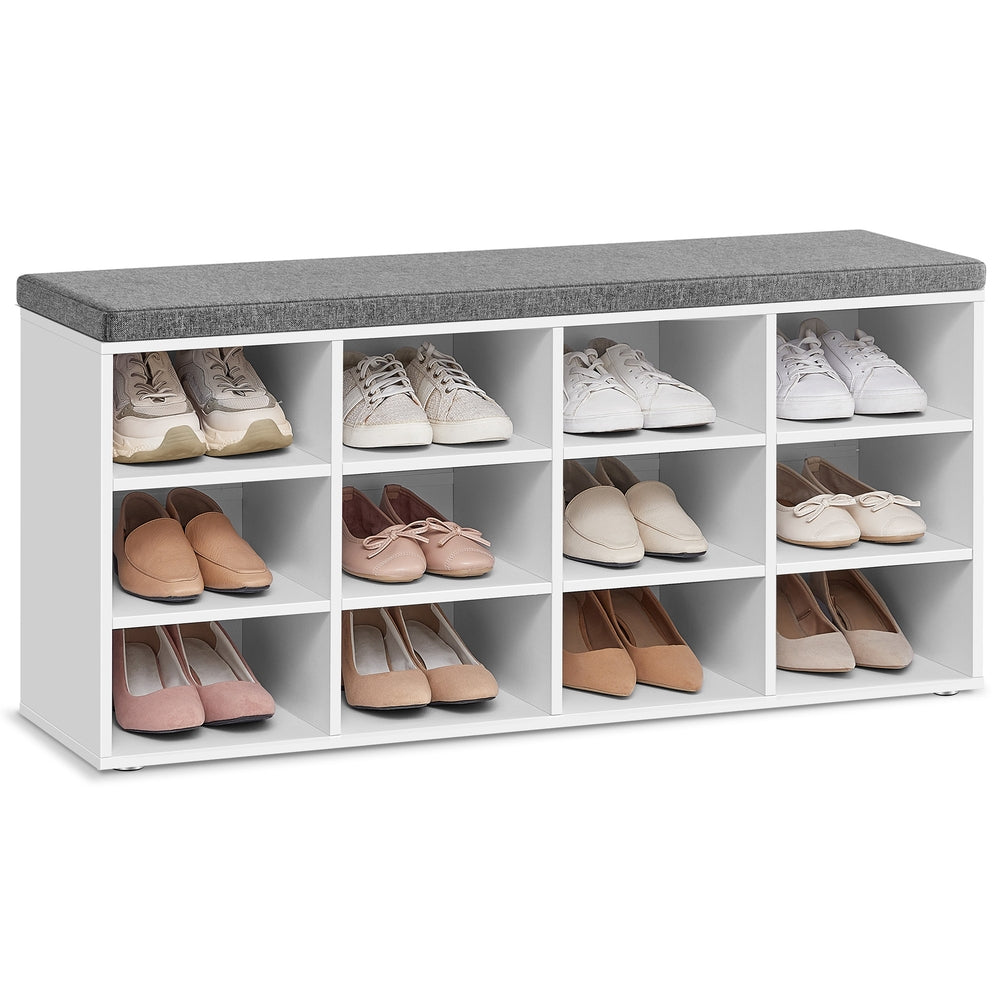Shoe Bench with Cushion,12 Compartments - Cloud White, Dove Gray - 11.9"D x 40.9"W x 18.9"H
