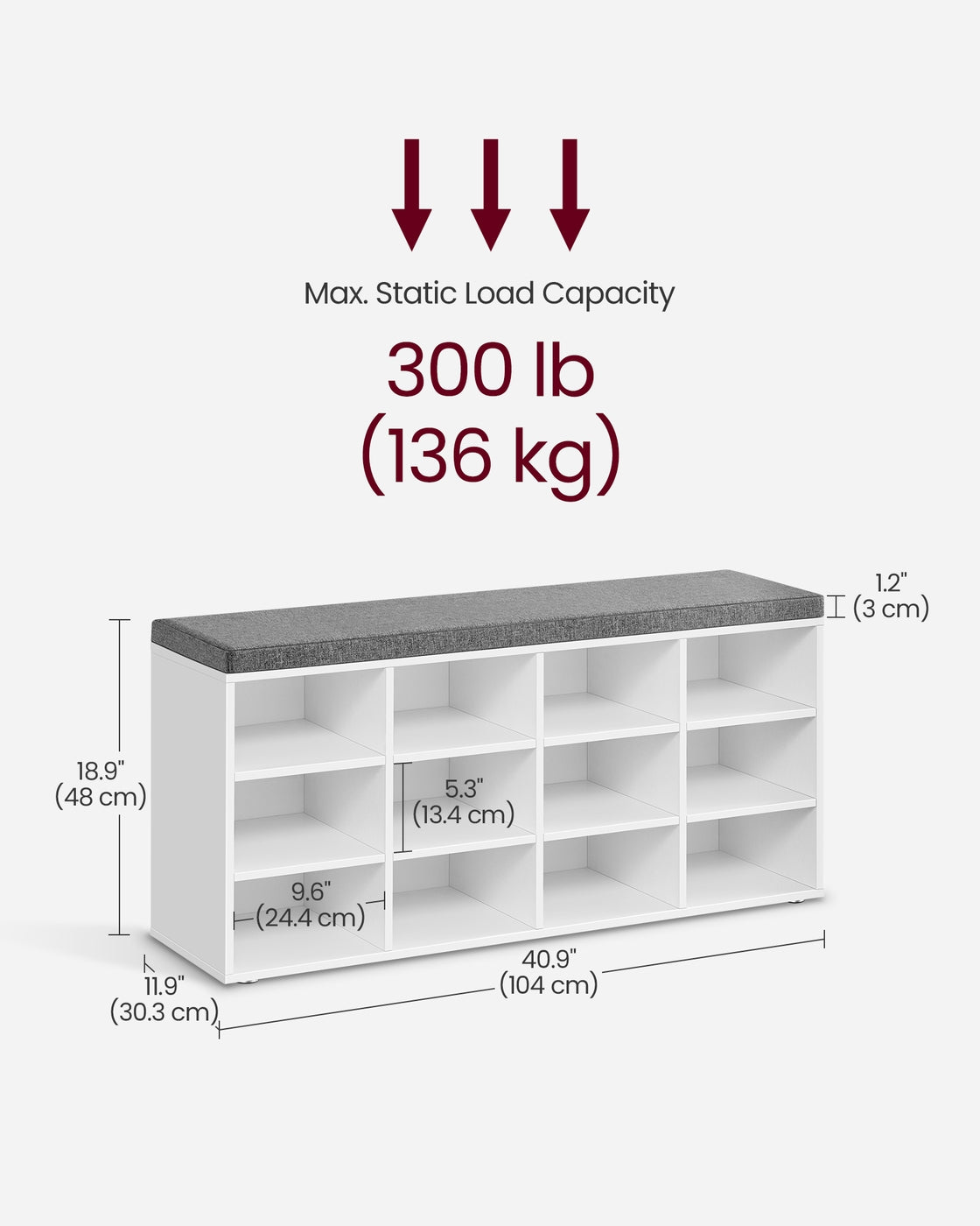 Shoe Bench with Cushion,12 Compartments - Cloud White, Dove Gray