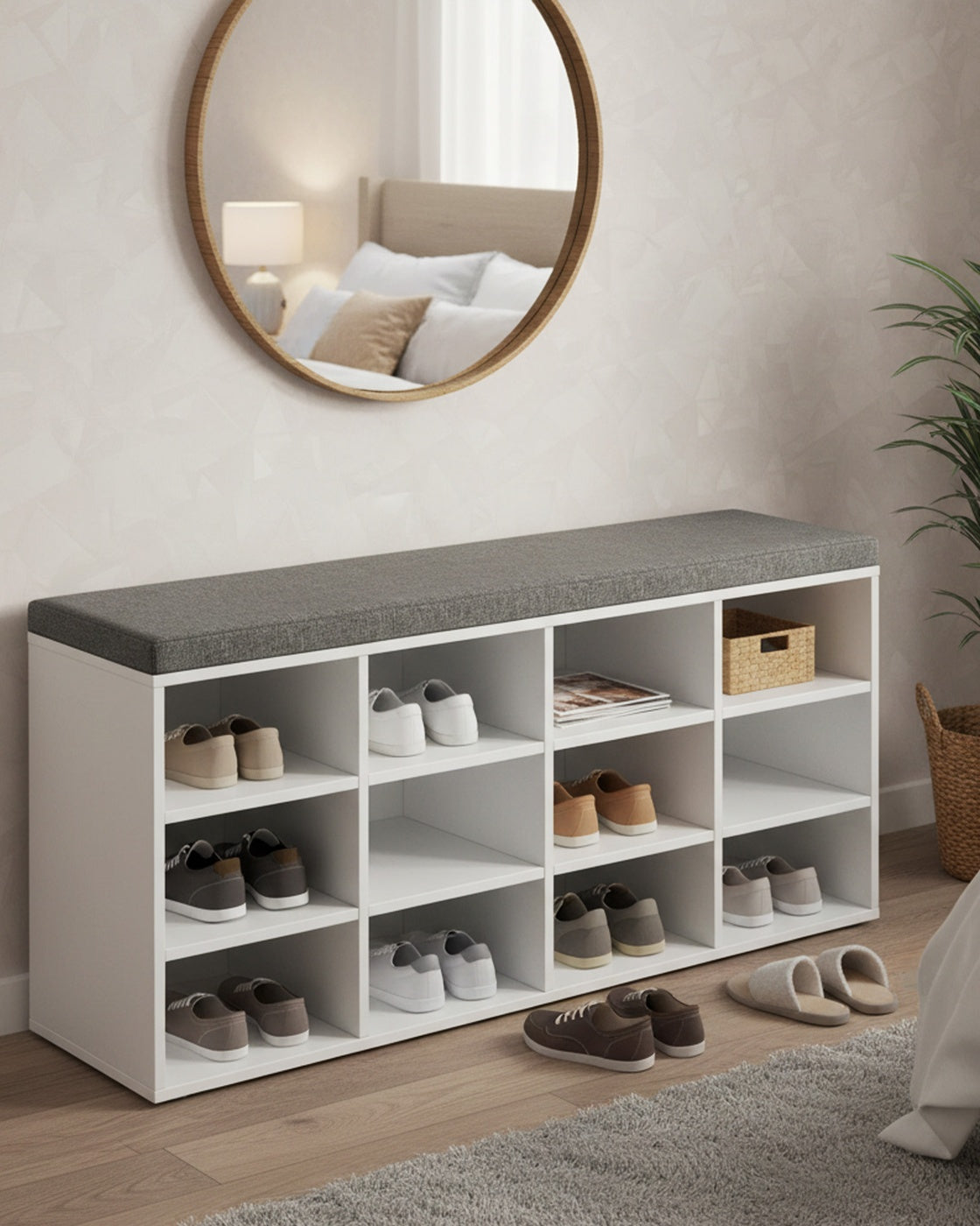 Shoe Bench with Cushion,12 Compartments - Cloud White, Dove Gray