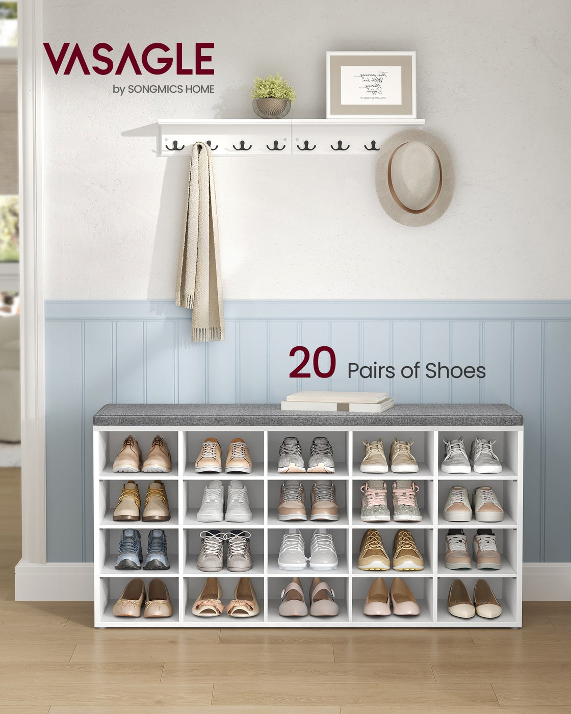 Shoe Bench With Cushion - 20 Compartments - 47 Inch Entryway Bench