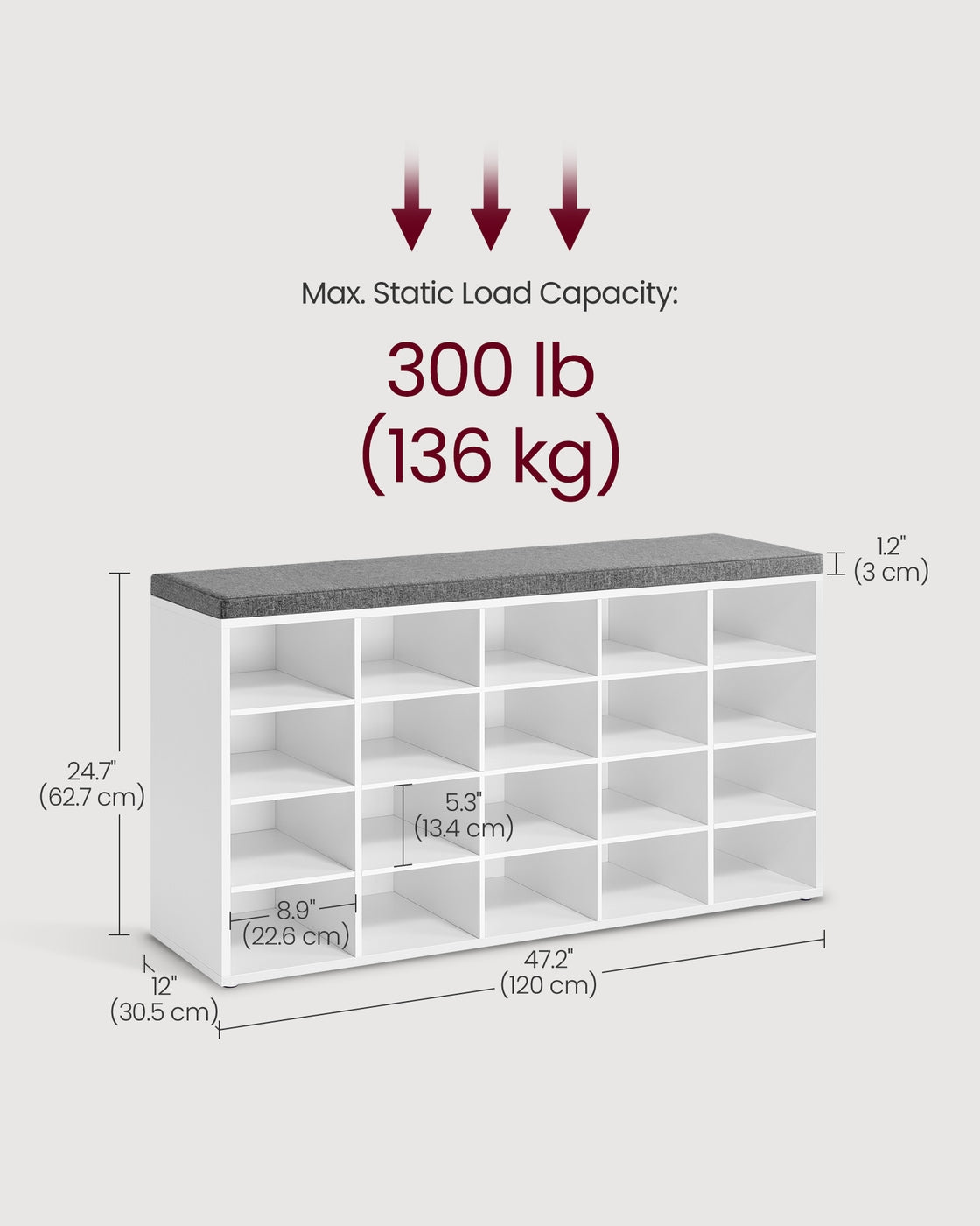 Shoe Bench With Cushion - 20 Compartments - 47 Inch Entryway Bench