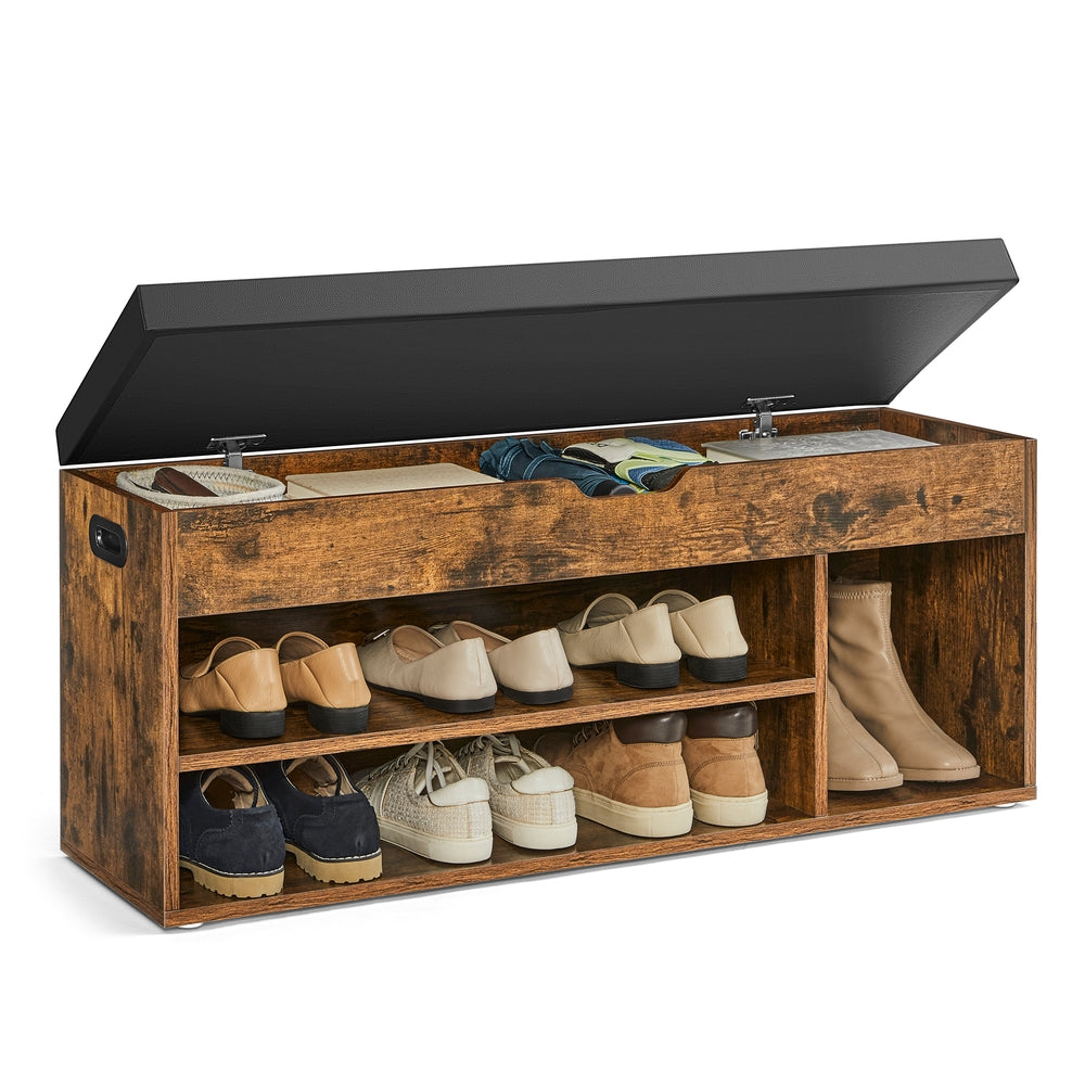 Storage Bench with Cushion - Padded Seat - 3 Compartments - Rustic Brown, Ink Black