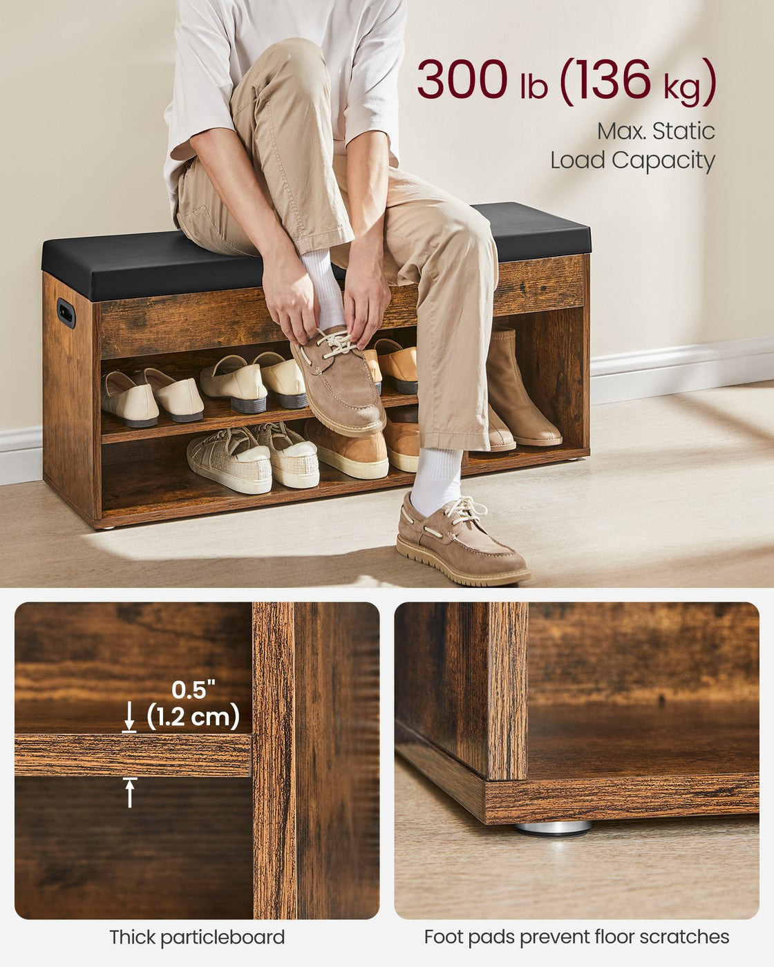 Storage Bench with Cushion - Padded Seat - 3 Compartments - Rustic Brown, Ink Black