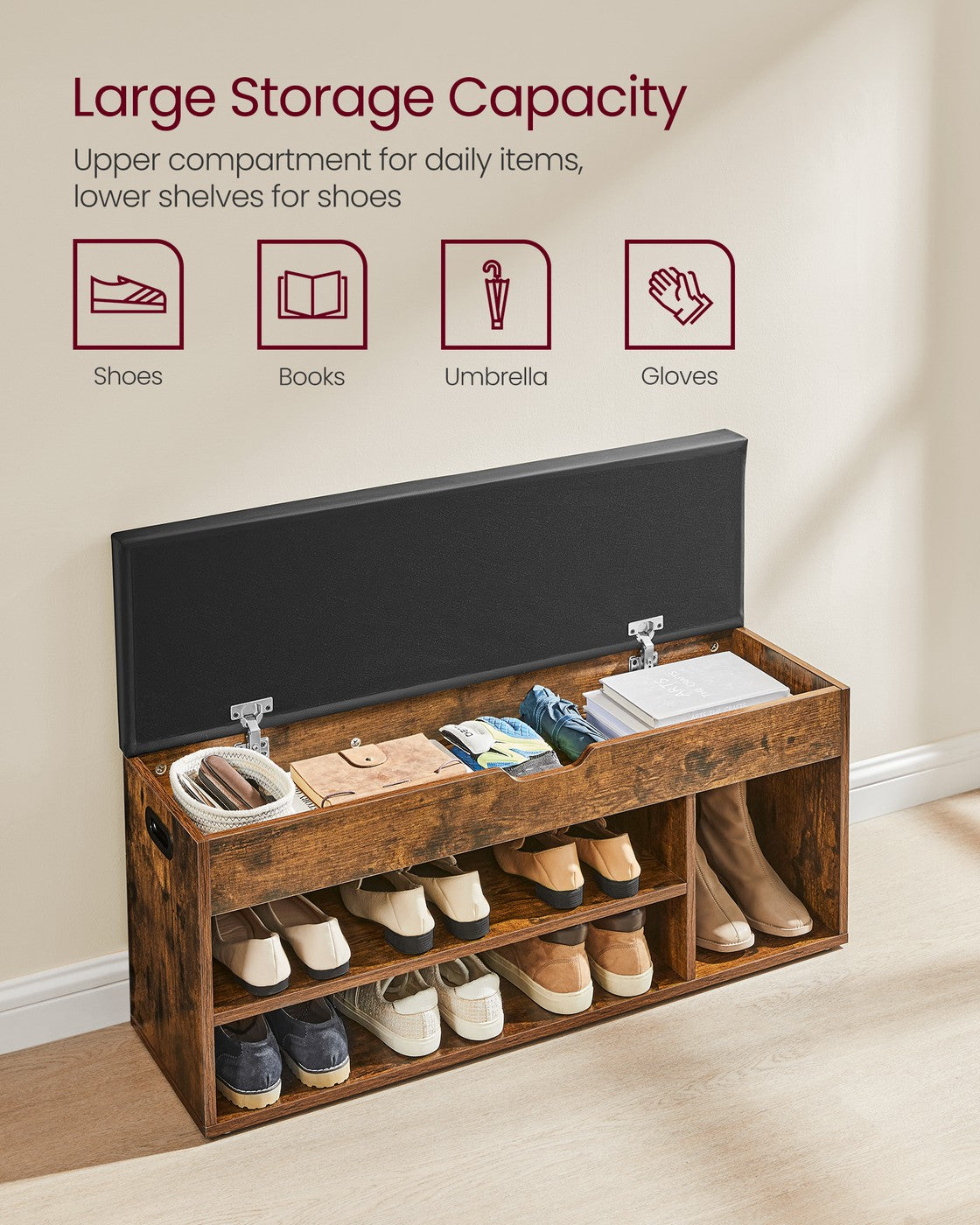 Storage Bench with Cushion - Padded Seat - 3 Compartments - Rustic Brown, Ink Black