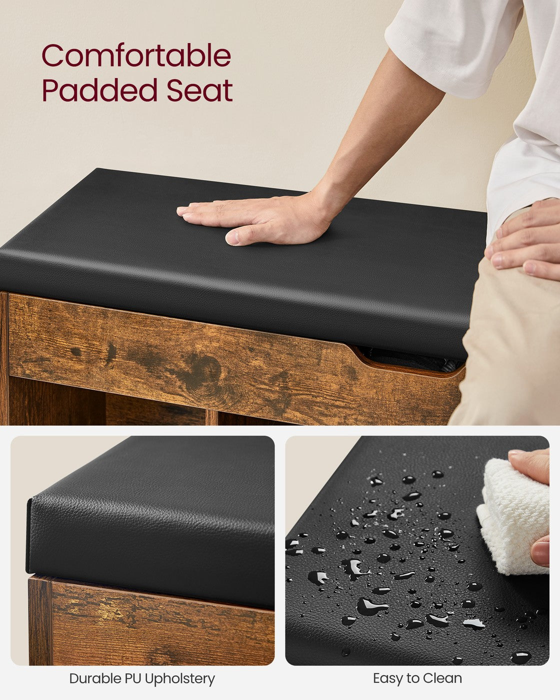 Storage Bench with Cushion - Padded Seat - 3 Compartments - Rustic Brown, Ink Black