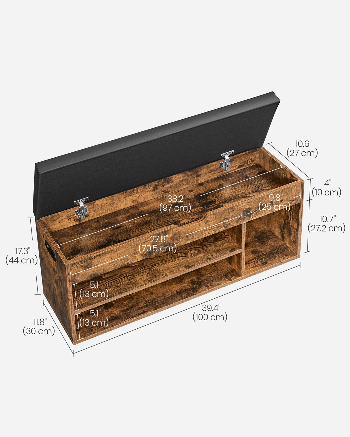 Storage Bench with Cushion - Padded Seat - 3 Compartments - Rustic Brown, Ink Black