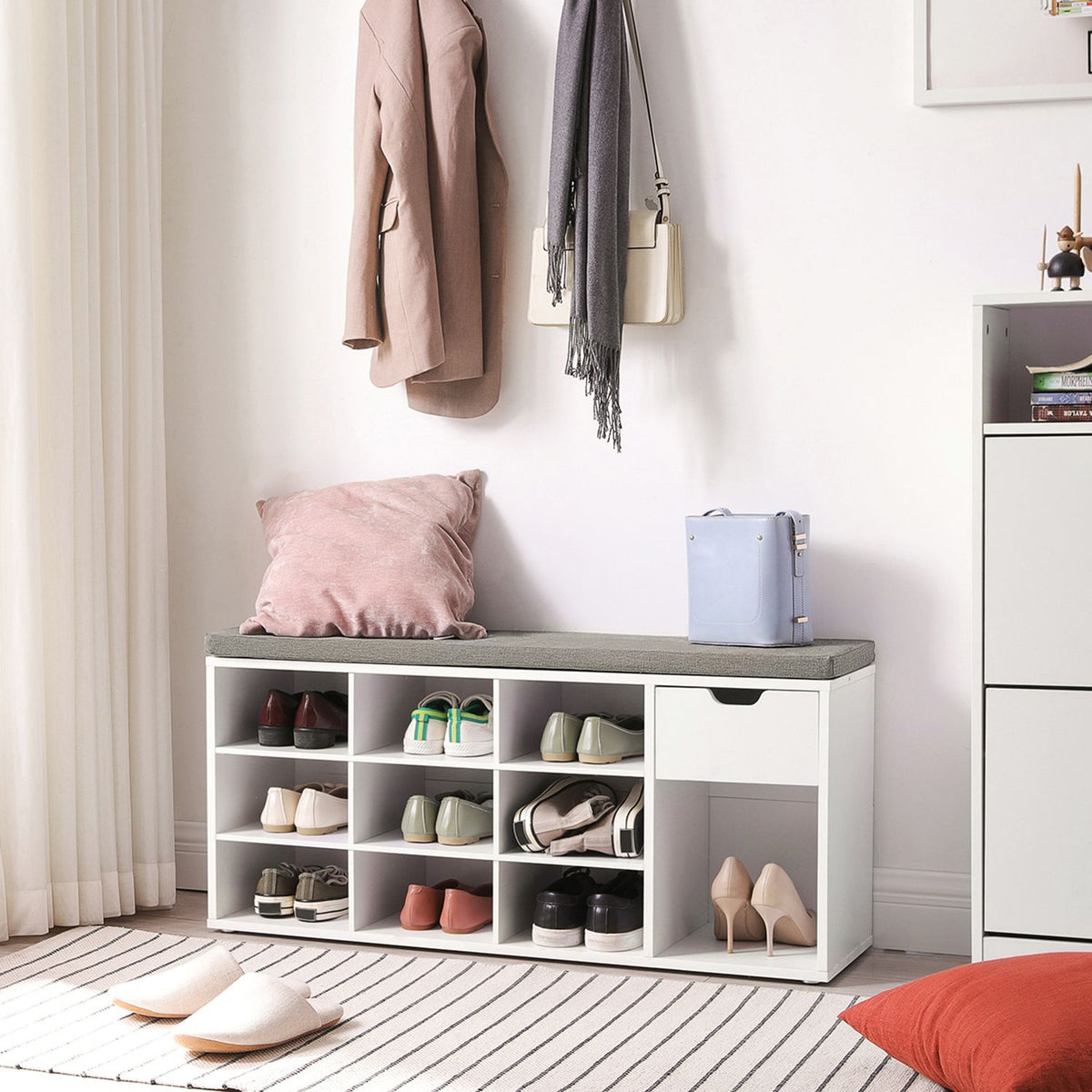 Storage Bench with Cushion - Drawer and Open Compartments