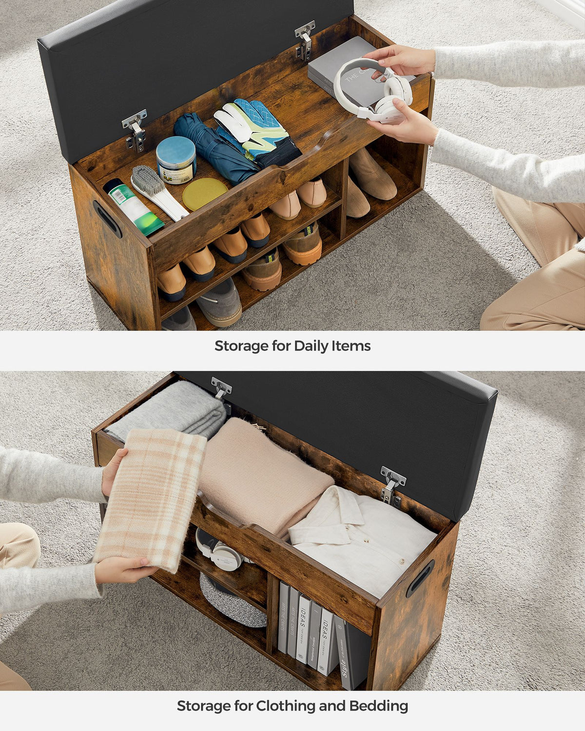 Storage Bench with Cushion - Padded Seat - 3 Compartments