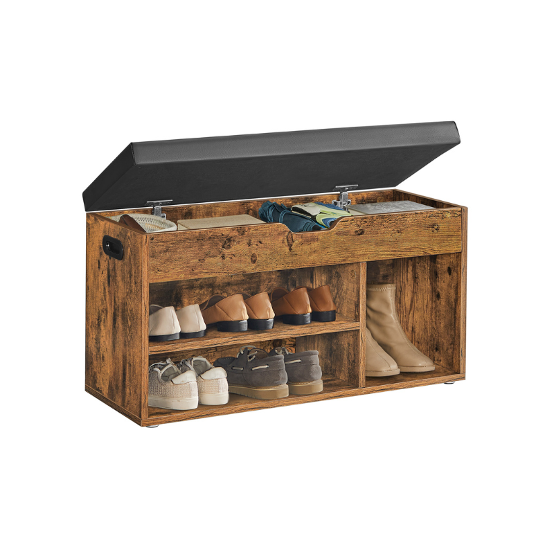 Storage Bench with Cushion - Padded Seat - 3 Compartments - Ructic Brown, Black