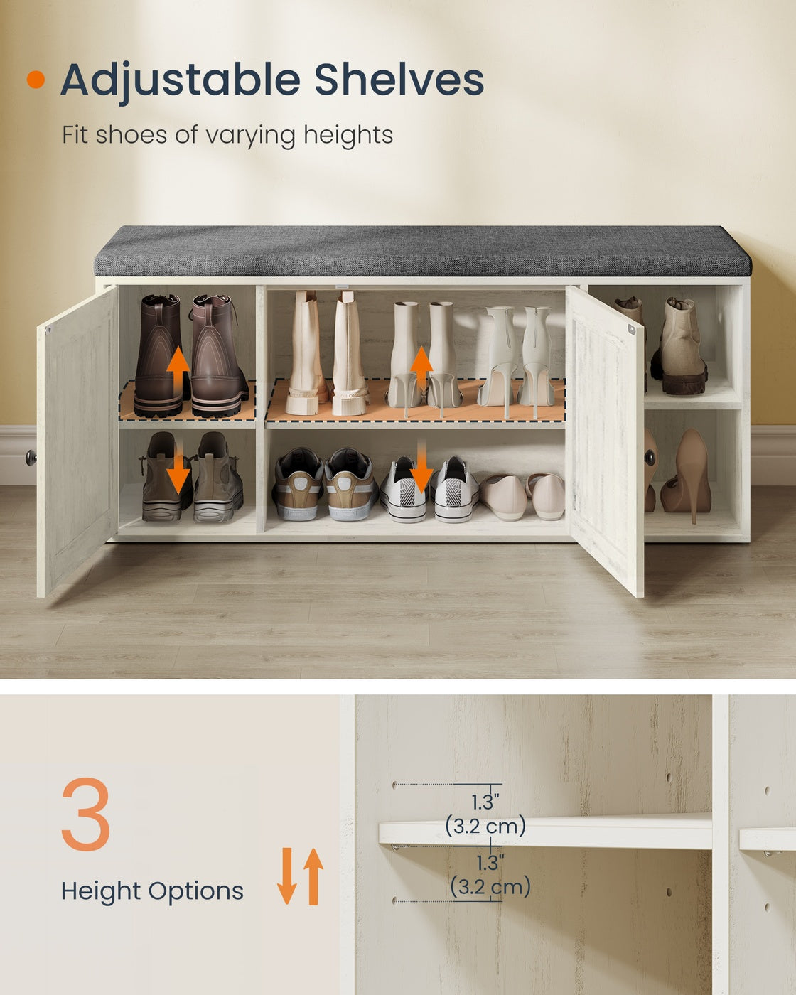 Storage Bench With Door - Adjustable Shelf - 40 Inch Entryway Bench