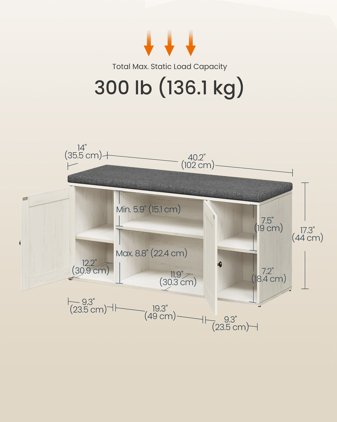 Storage Bench With Door - Adjustable Shelf - 40 Inch Entryway Bench