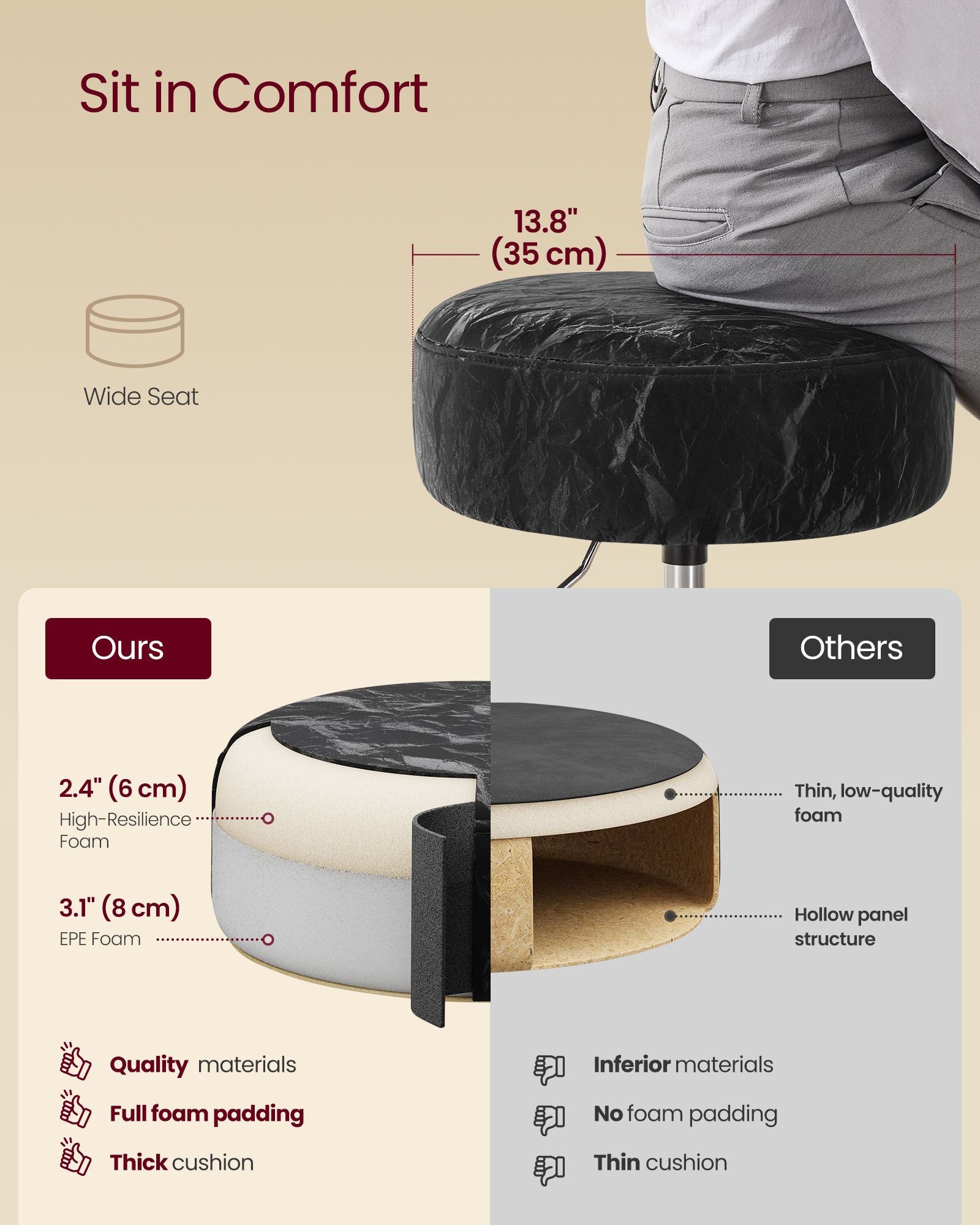 Adjustable Vanity Stool - Makeup Vanity Chair - Ink Black
