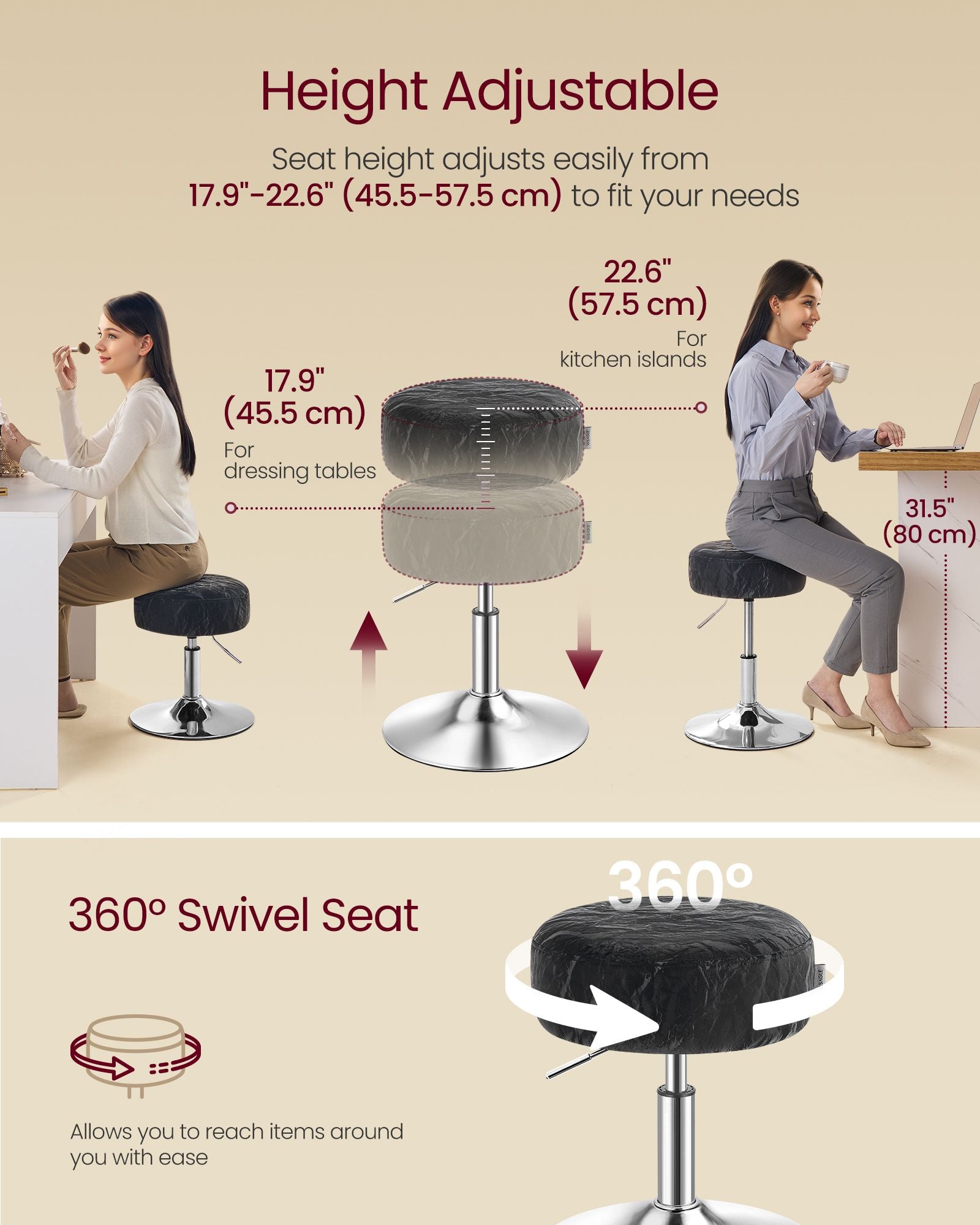 Adjustable Vanity Stool - Makeup Vanity Chair - Ink Black