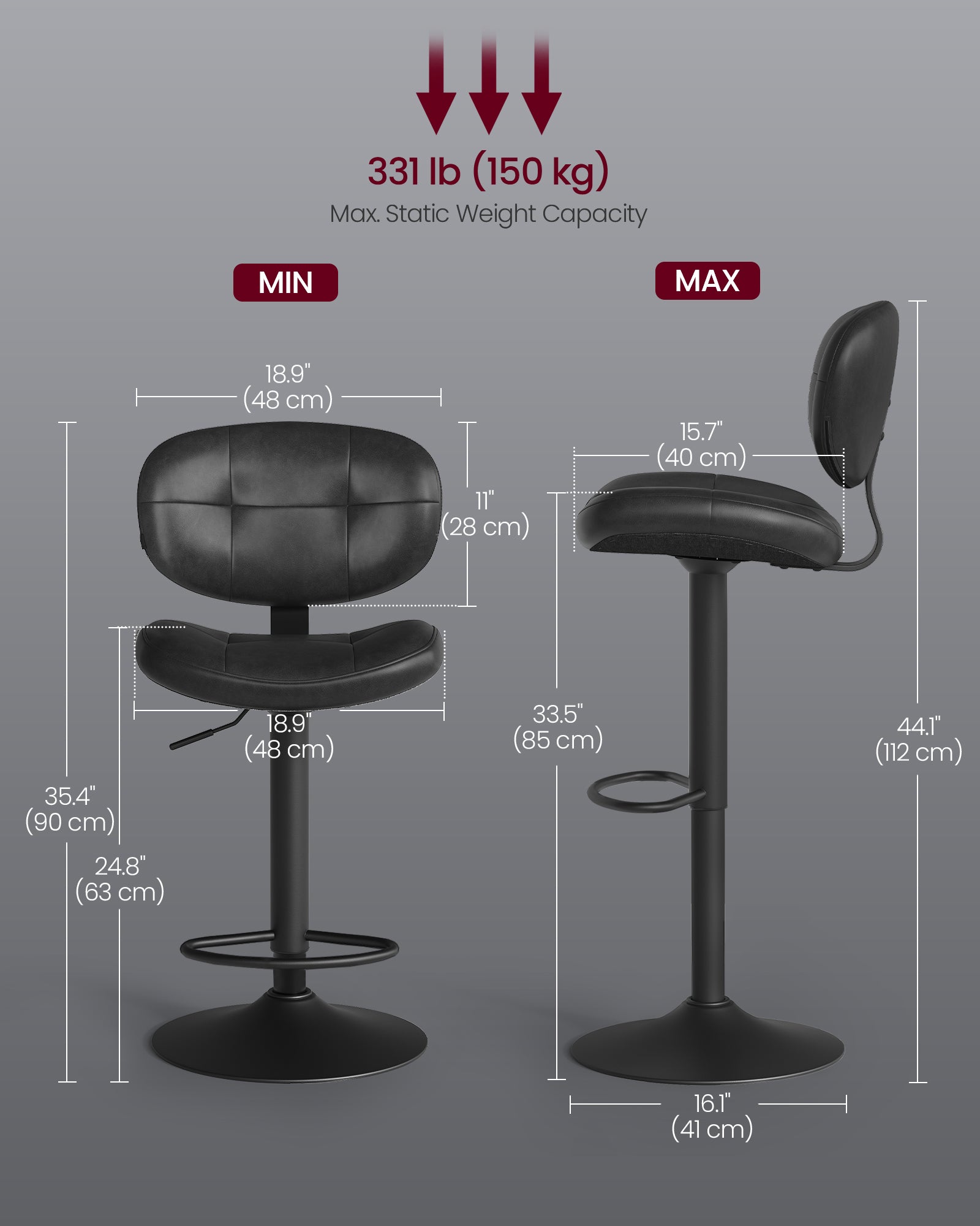 Bar Stools - Height Adjustable Kitchen Barstools - Set of 4 - Ink Black - Ink Black