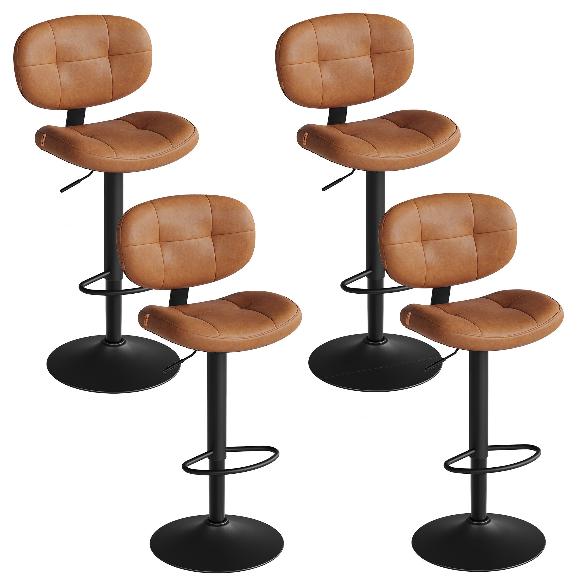 Bar Stools - Height Adjustable Kitchen Barstools - Set of 4 - Ink Black - Caramel Brown
