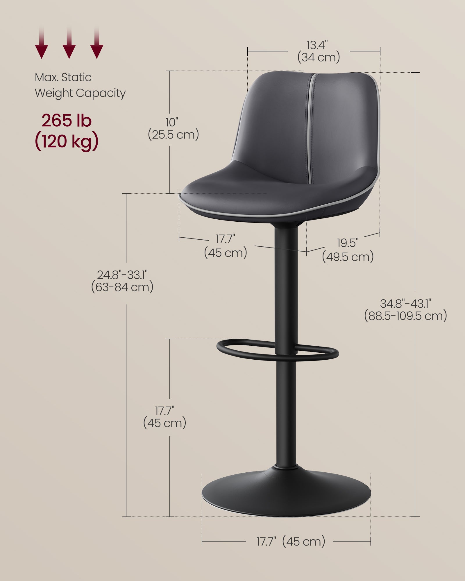 Bar Stools Set of 4 - Adjustable Height Swivel Barstools - Ink Black