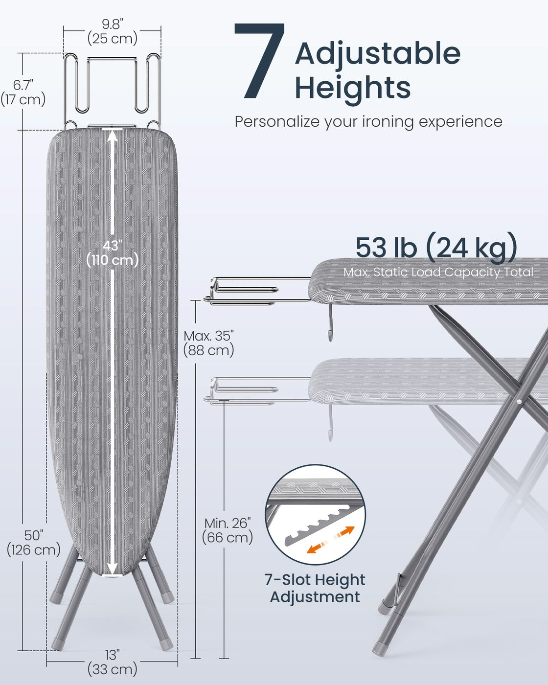 Foldable Ironing Board - Heat-Resistant Cover - 50 Inch - Adjustable Height