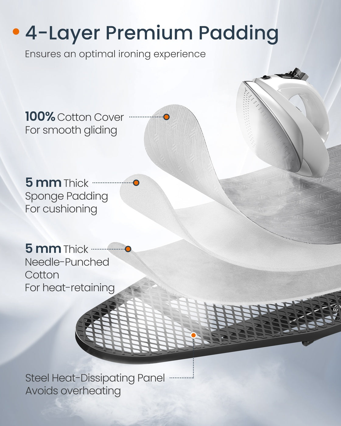 Foldable Ironing Board - Heat-Resistant Cover - 50 Inch - Adjustable Height