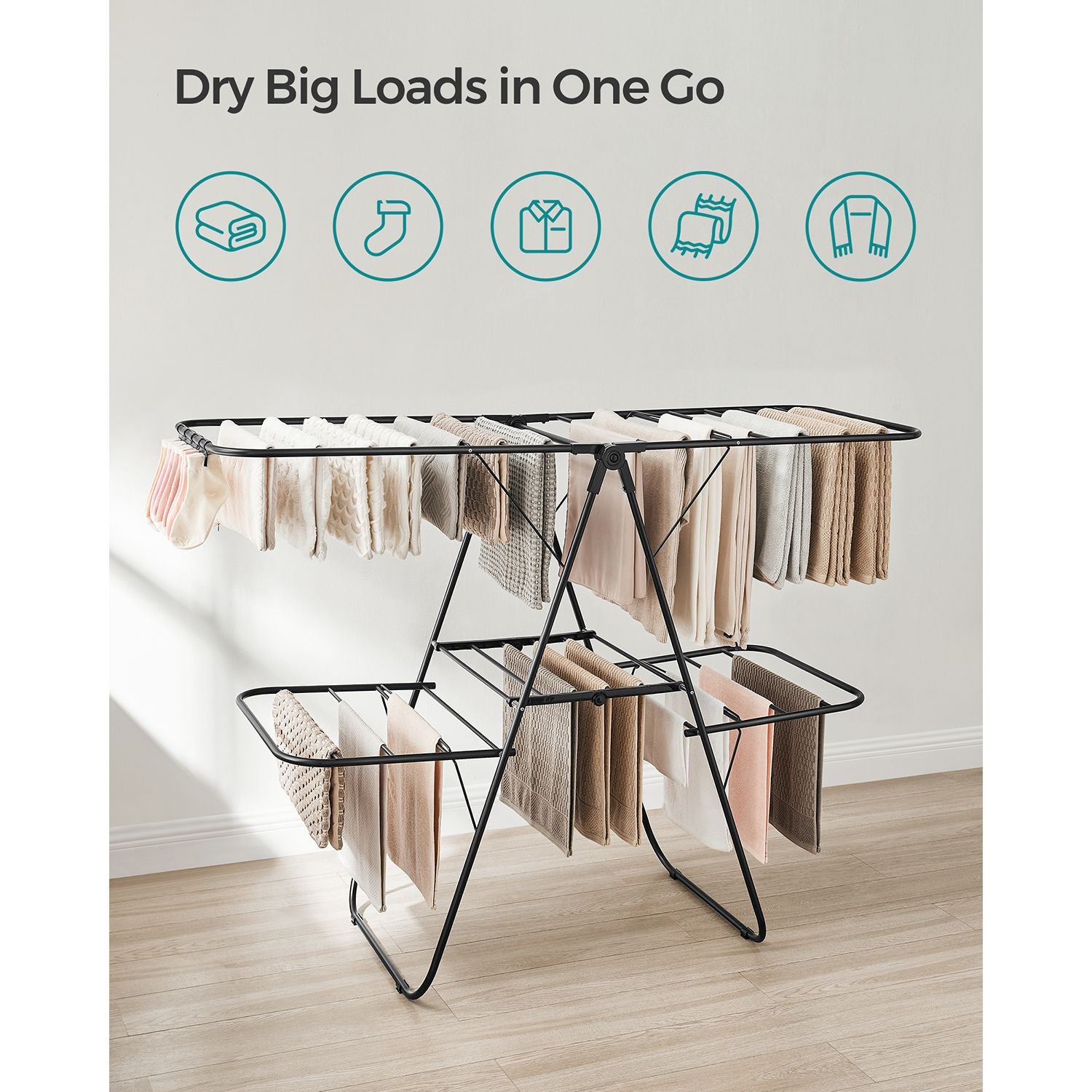 Foldable 2-Level Clothes Drying Rack with Height-Adjustable Wings - Black