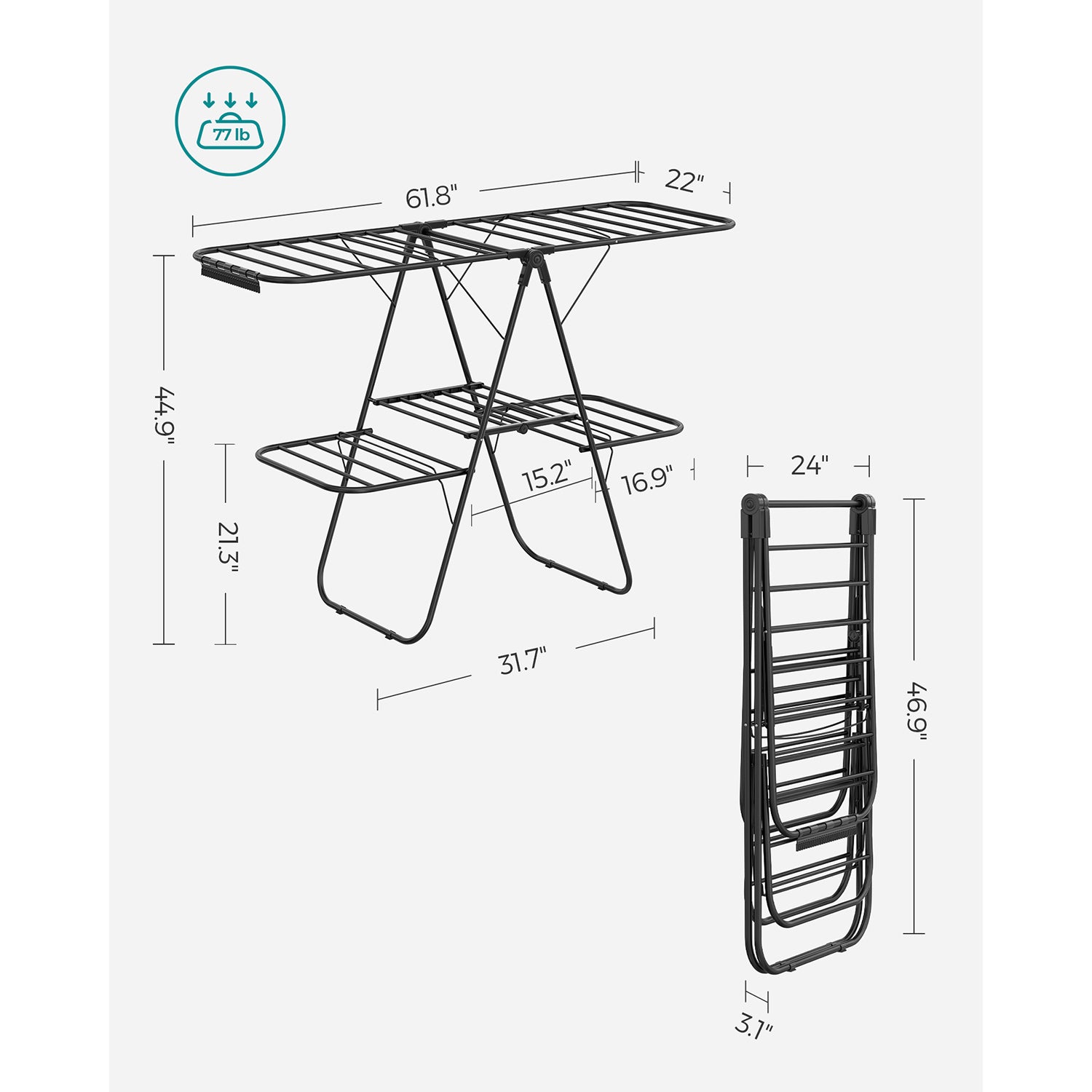 Foldable 2-Level Clothes Drying Rack with Height-Adjustable Wings - Black