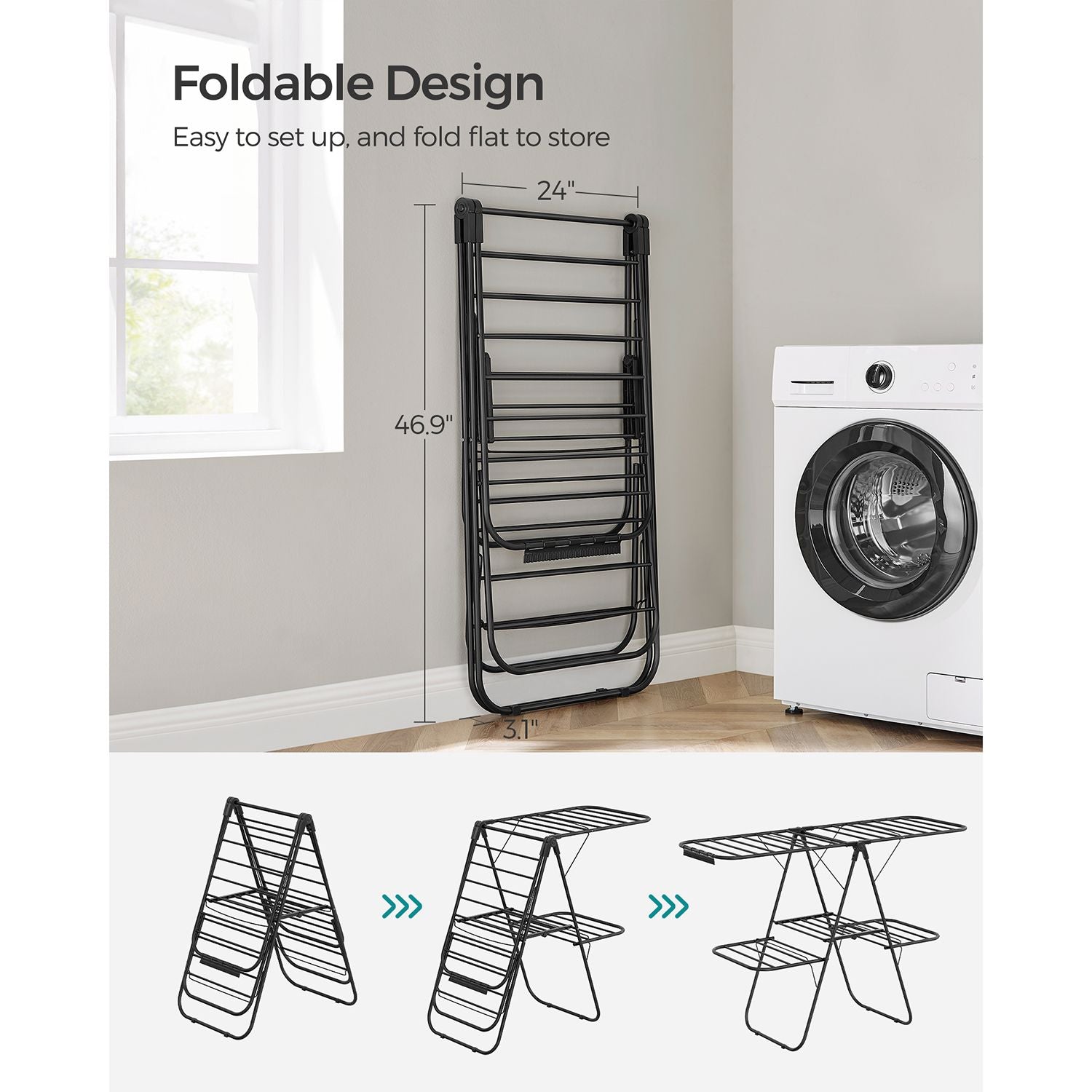 Foldable 2-Level Clothes Drying Rack with Height-Adjustable Wings - Black