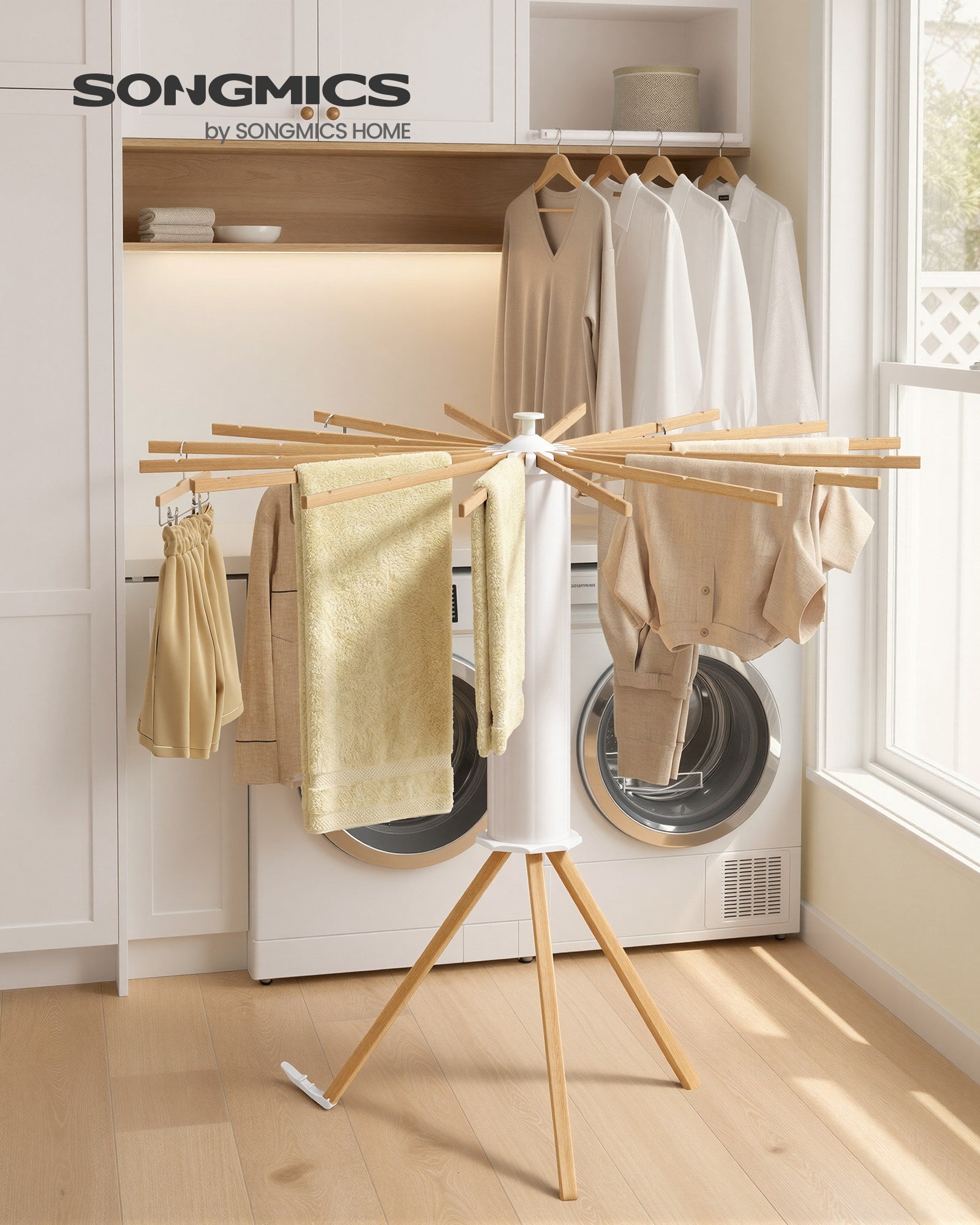 Foldable Rotary Laundry Drying Rack for Indoor & Outdoor Use with 16 Pull-Out Arms - Natural