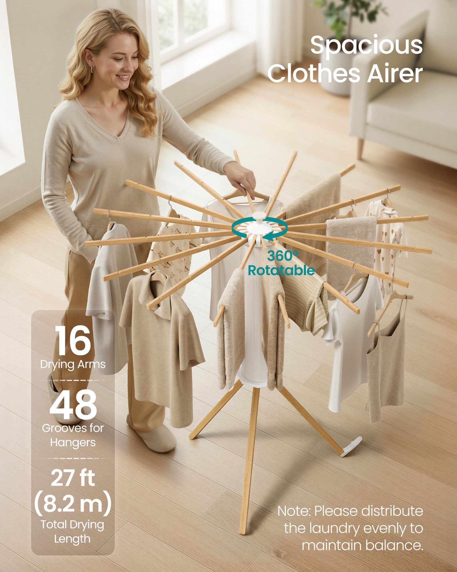 Foldable Rotary Laundry Drying Rack for Indoor & Outdoor Use with 16 Pull-Out Arms - Natural