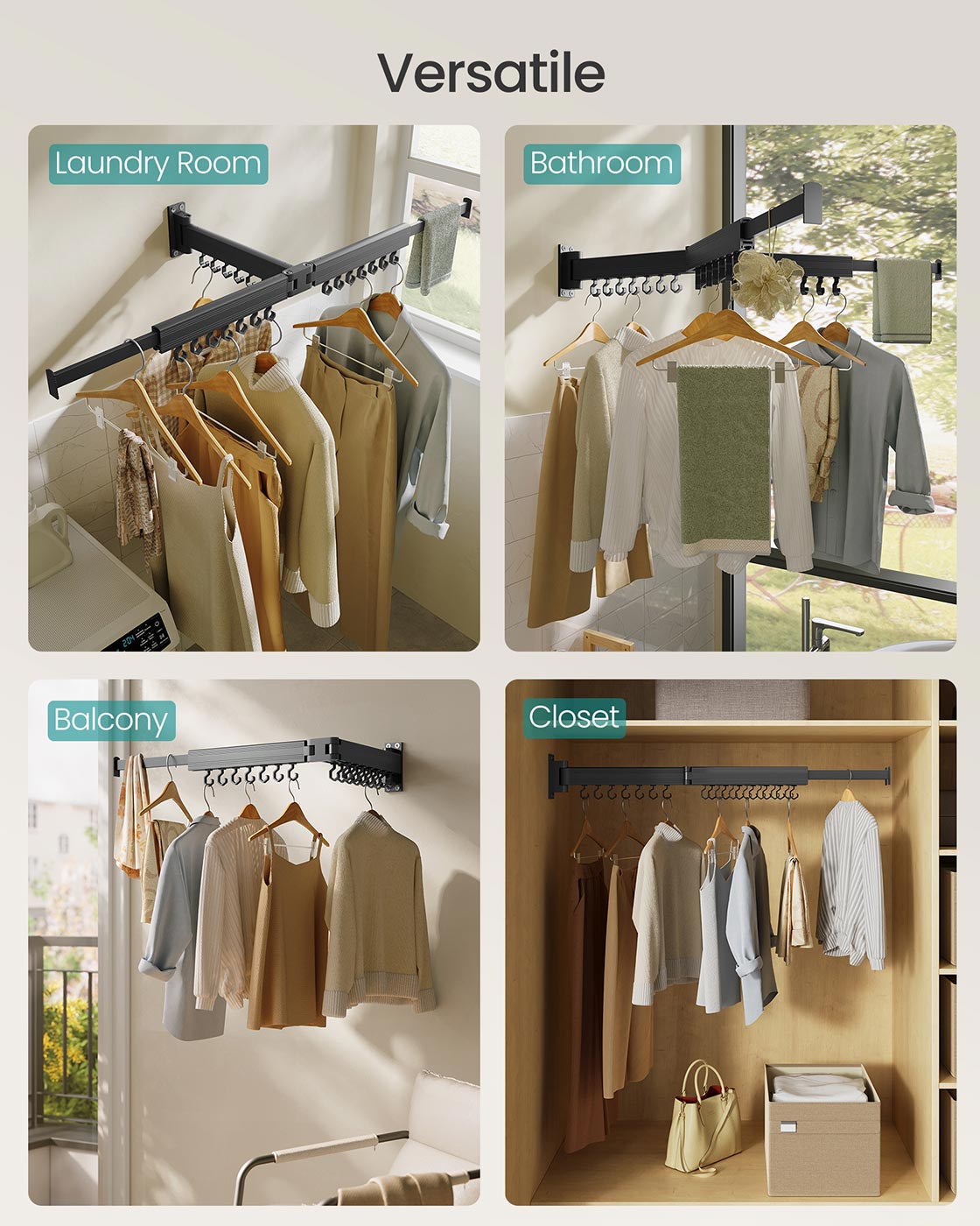 Clothes Drying Rack Wall-Mounted Foldable Arms Ink Black