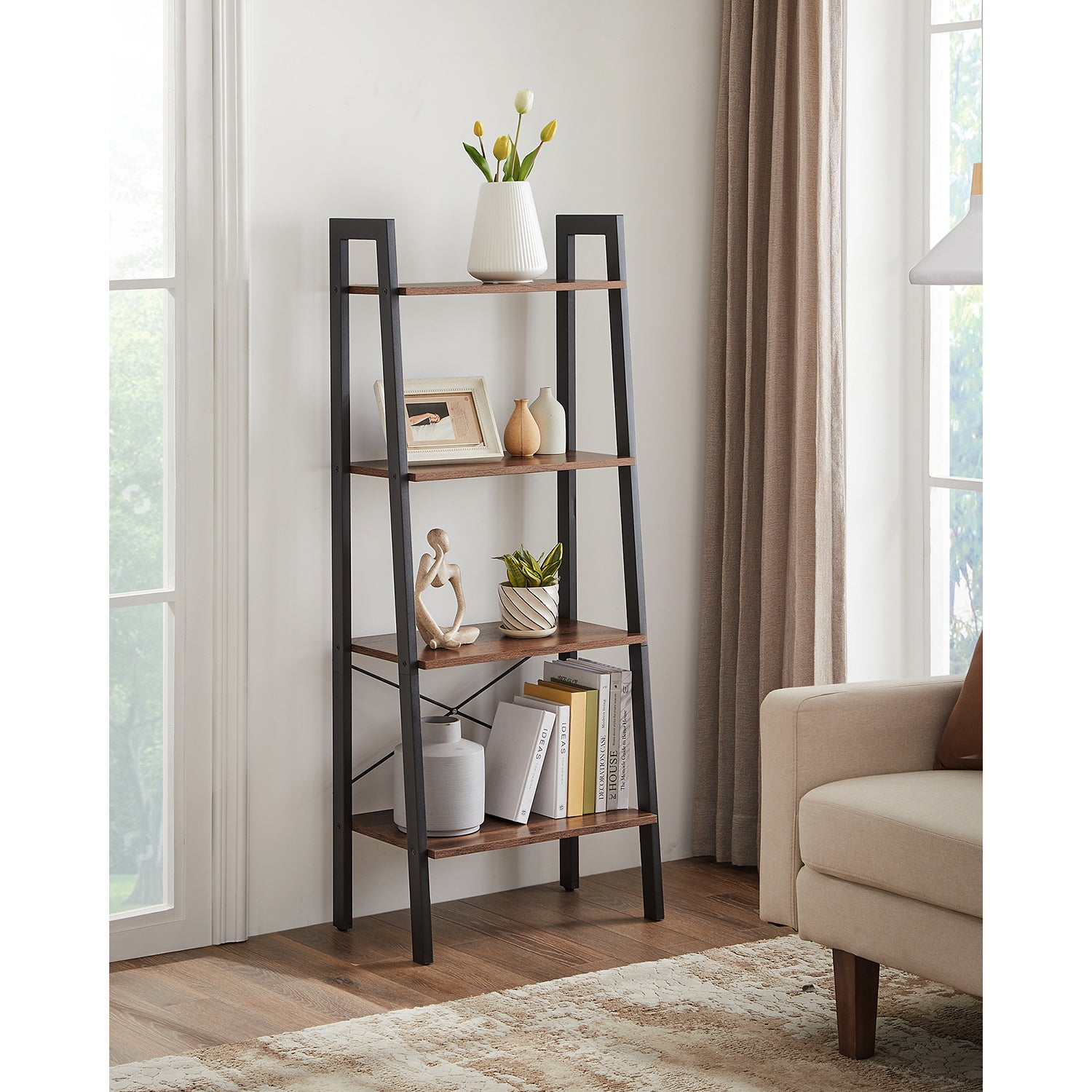 4-Tier Ladder Shelf with Steel Frame - Hazelnut Brown, Black