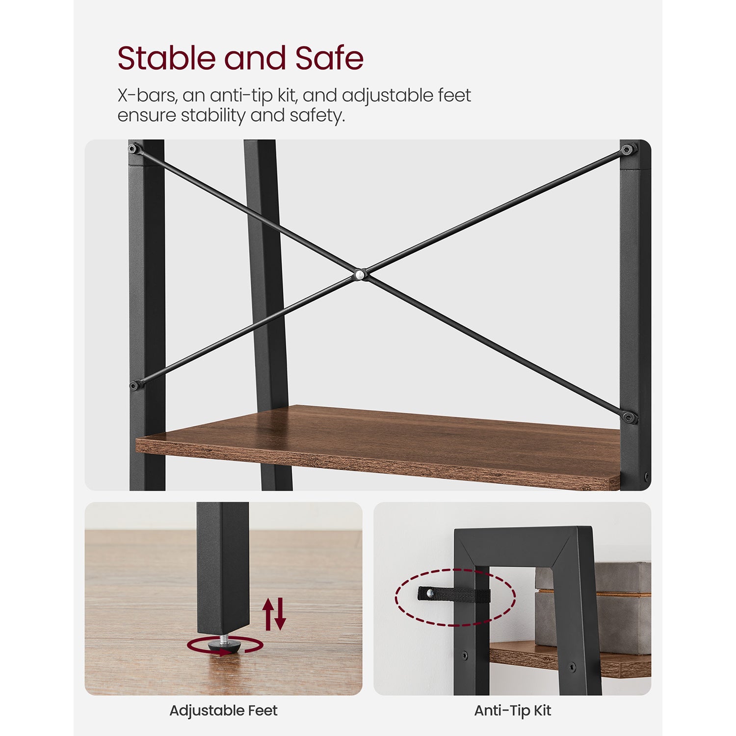4-Tier Ladder Shelf with Steel Frame - Hazelnut Brown, Black