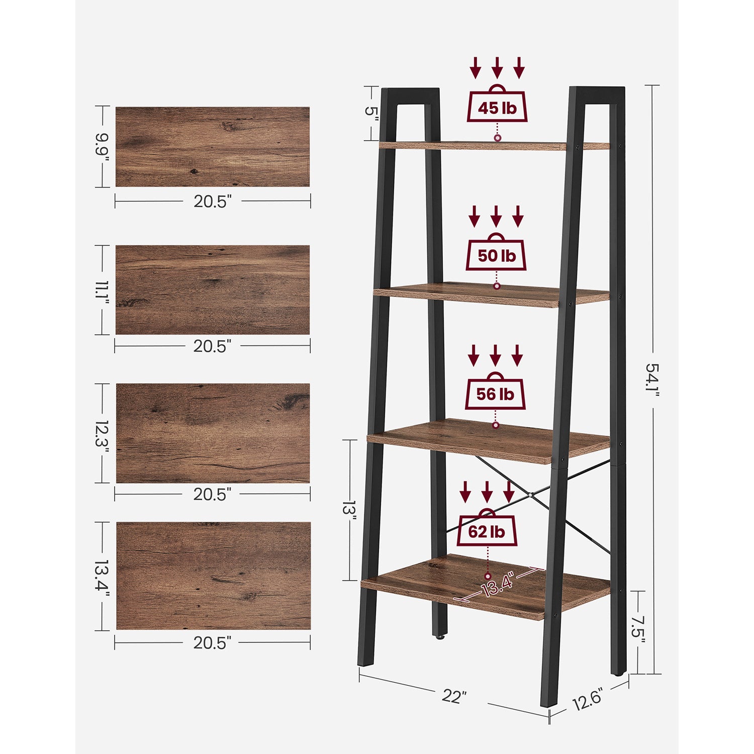 4-Tier Ladder Shelf with Steel Frame - Hazelnut Brown, Black