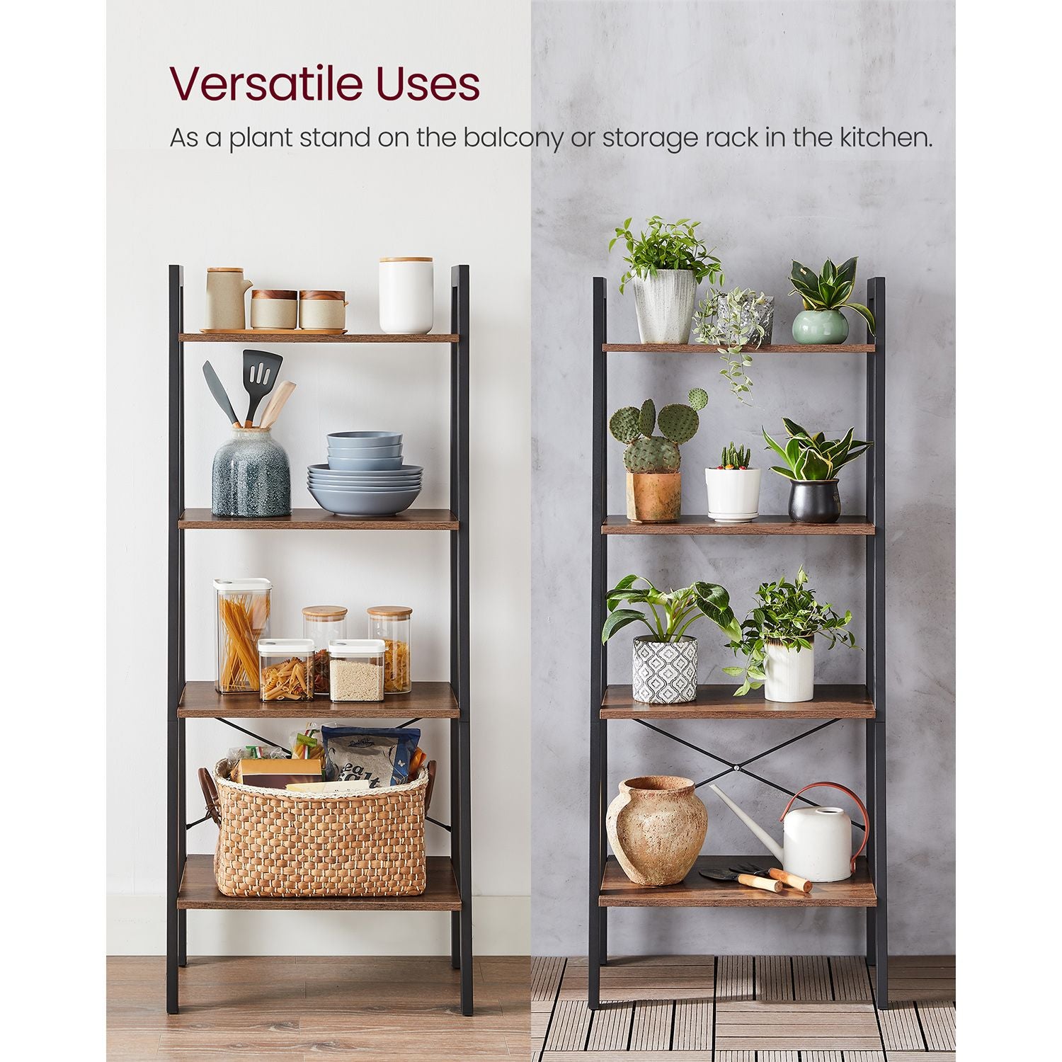 4-Tier Ladder Shelf with Steel Frame - Hazelnut Brown, Black