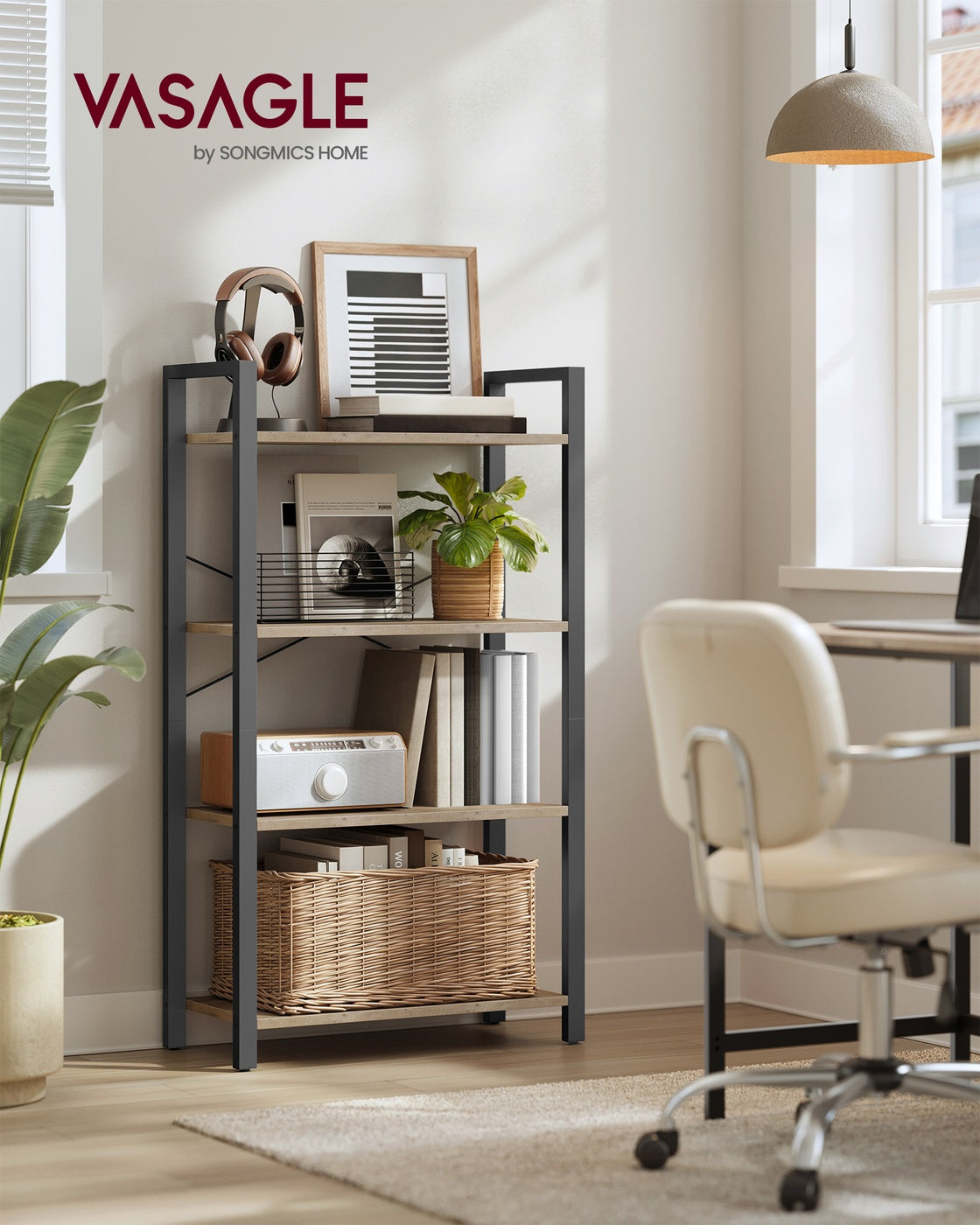4-Tier Bookcase with Steel Frame - Light Ivory, Matte Black