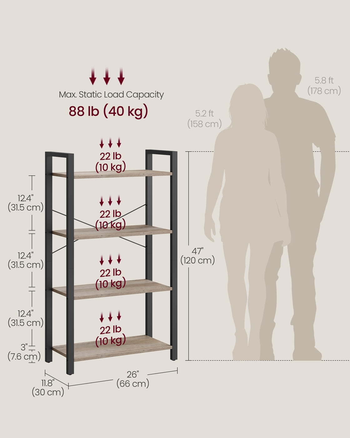 4-Tier Bookcase with Steel Frame - Light Ivory, Matte Black