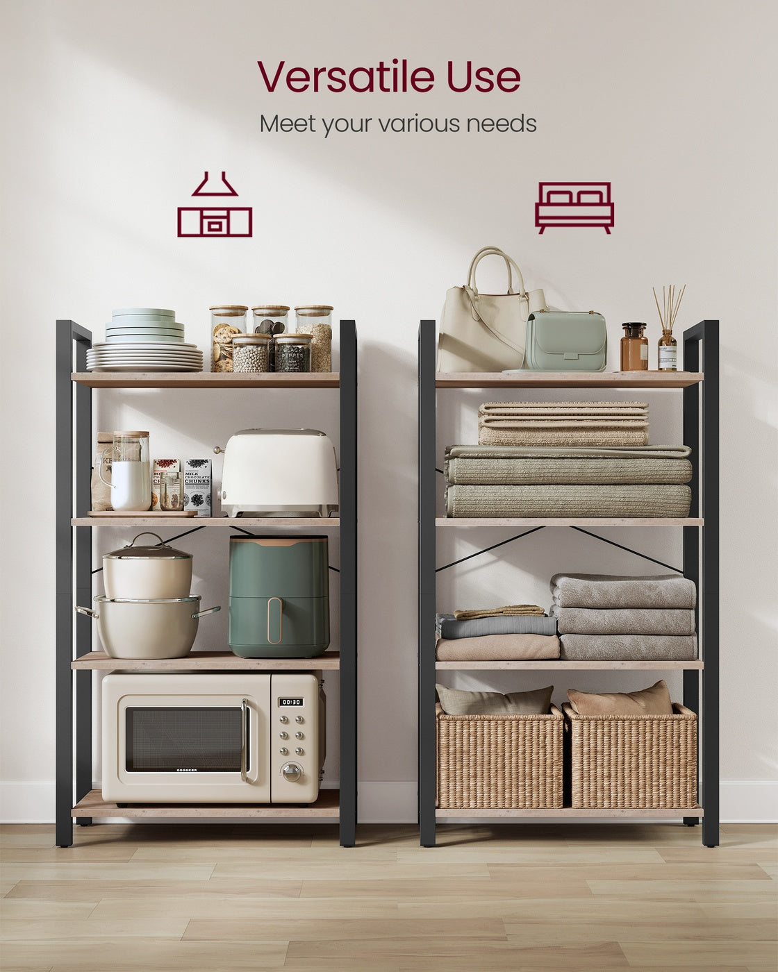 4-Tier Bookcase with Steel Frame - Light Ivory, Matte Black