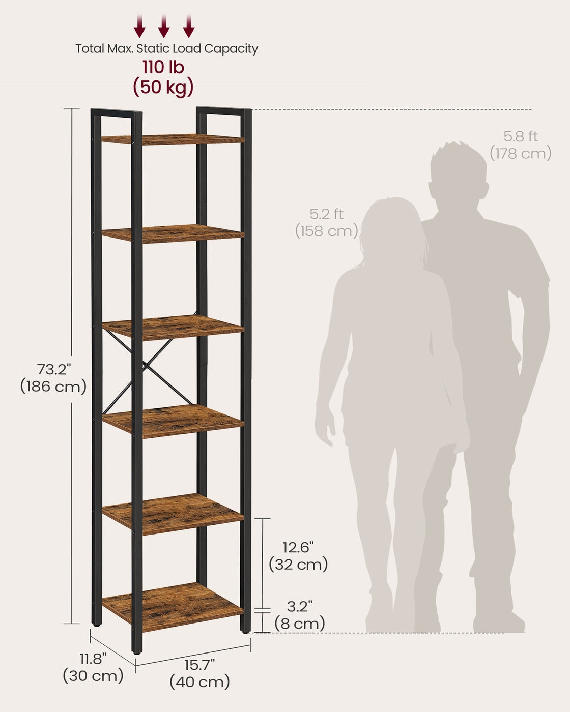 Narrow Bookshelf - 4-Tier - 9.4 x 15.7 x 42 inches
