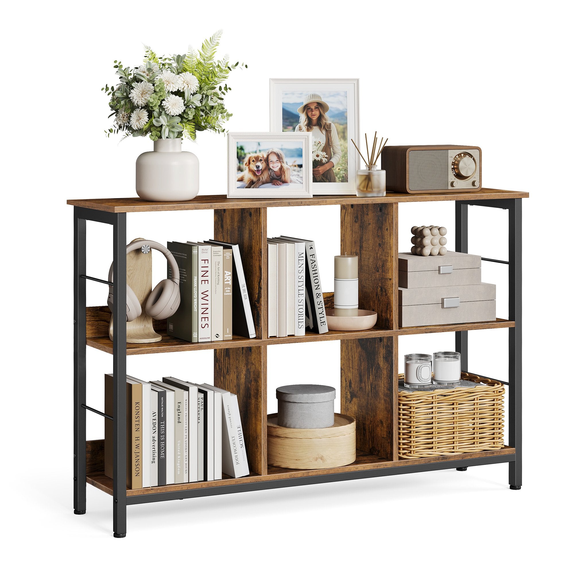 Bookshelf with 6 Storage Cubes - Rustic Brown, Black - 13″D x 47.2″W x 31.5″H
