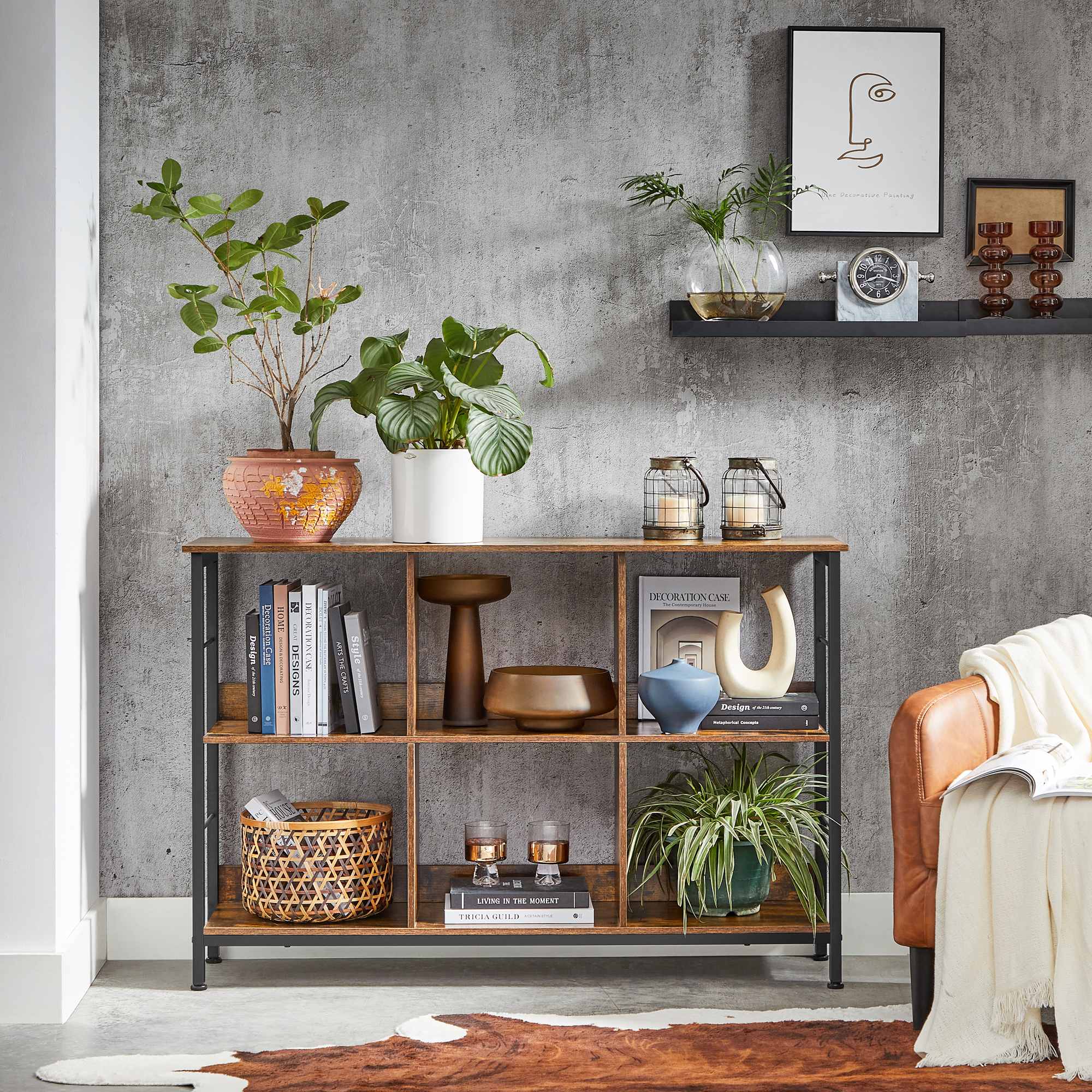 Bookshelf with 6 Storage Cubes - Rustic Brown, Black