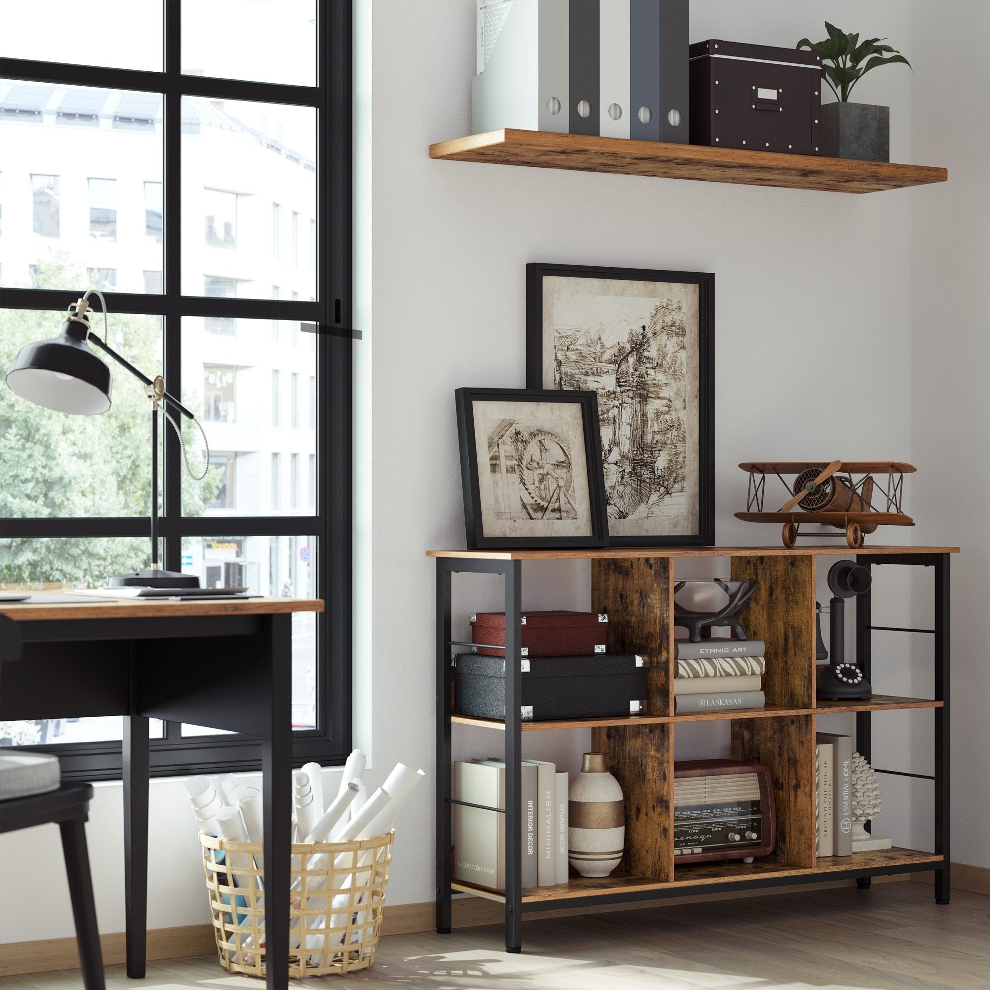 Bookshelf with 6 Storage Cubes - Rustic Brown, Black
