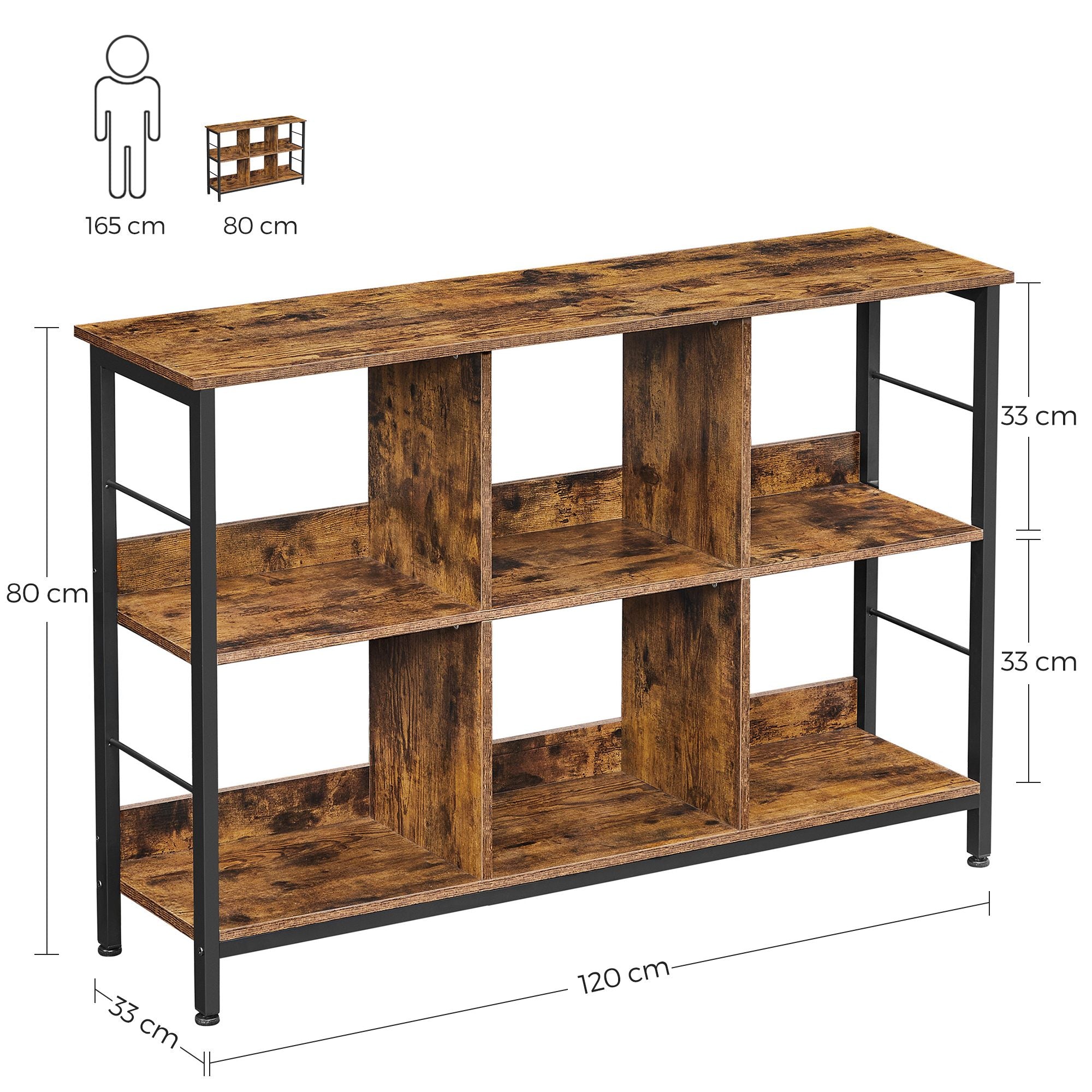 Bookshelf with 6 Storage Cubes - Rustic Brown, Black