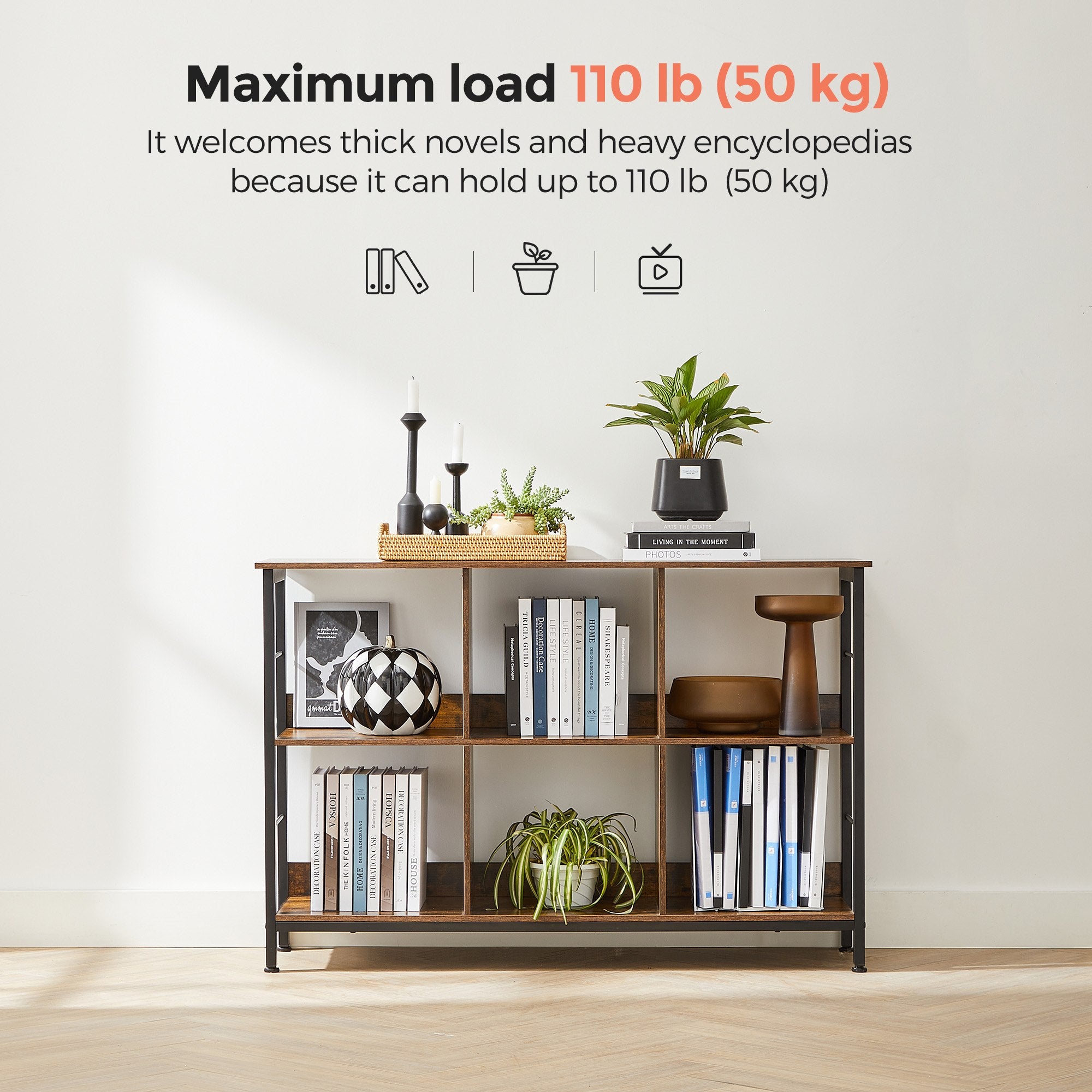 Bookshelf with 6 Storage Cubes - Rustic Brown, Black
