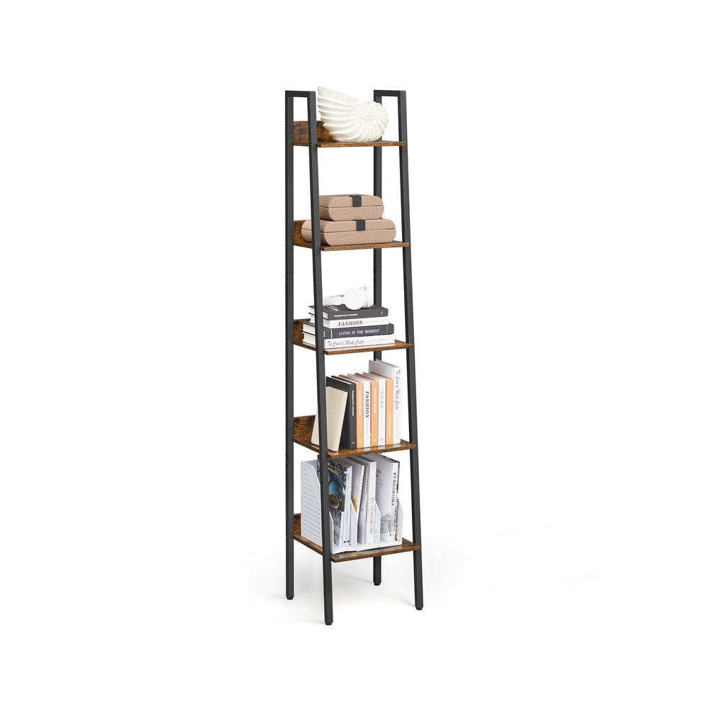 5-Tier Narrow Bookcase - Rustic Brown + Black