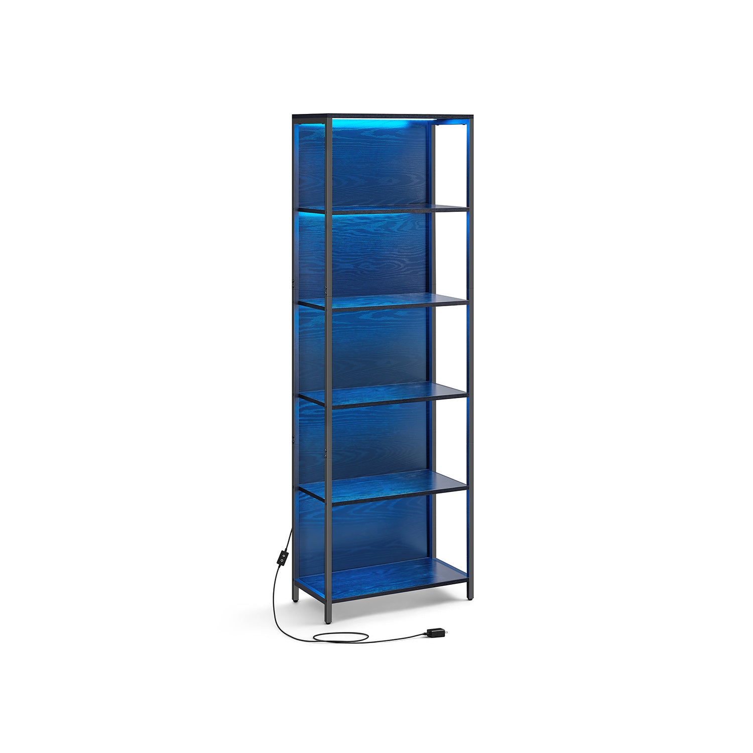 6-Tier LED Bookshelf with Dimmable Lights - Black with Wood Grain - 11.9"D x 23.6"W x 70.3"H