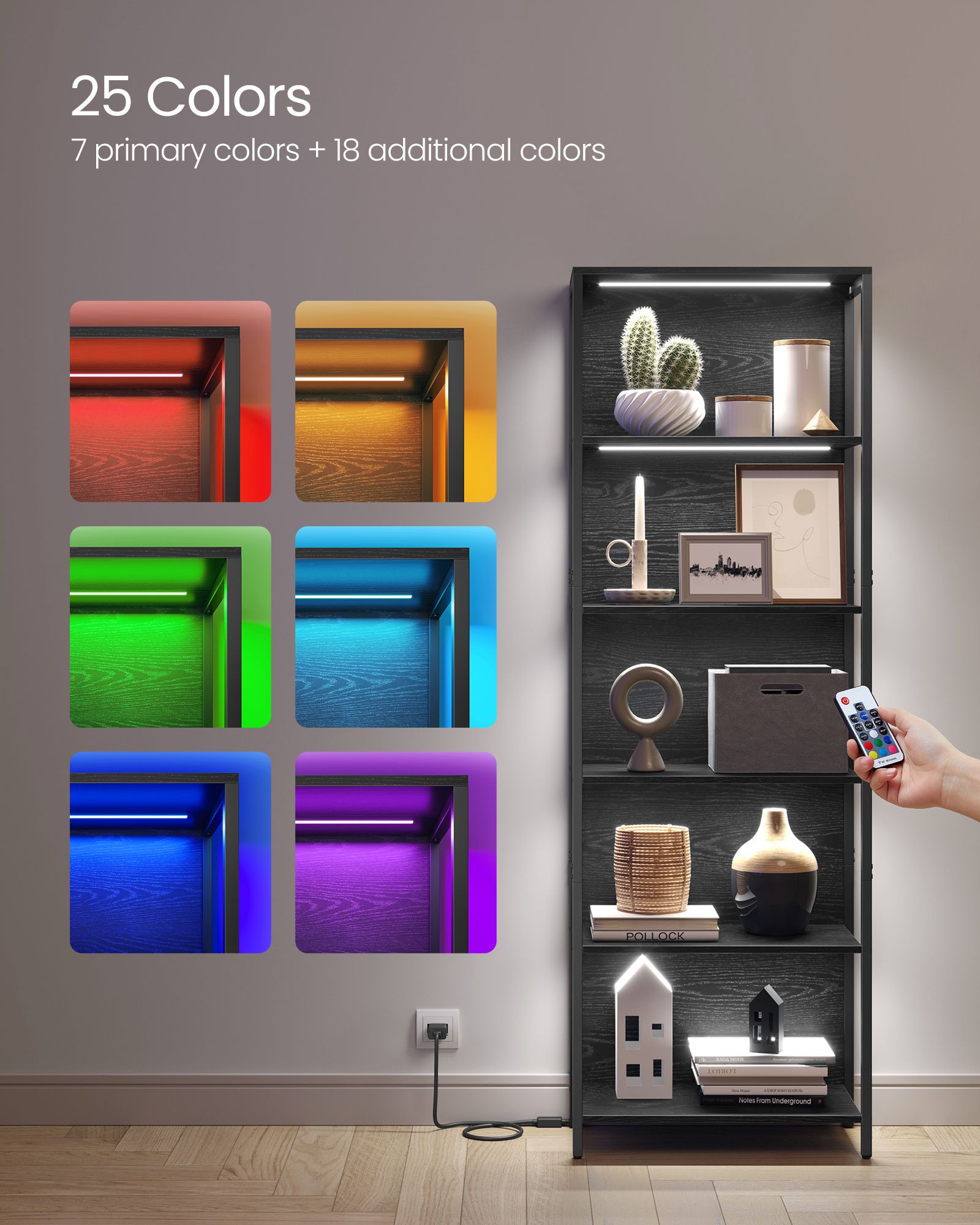 6-Tier LED Bookshelf with Dimmable Lights - Black with Wood Grain
