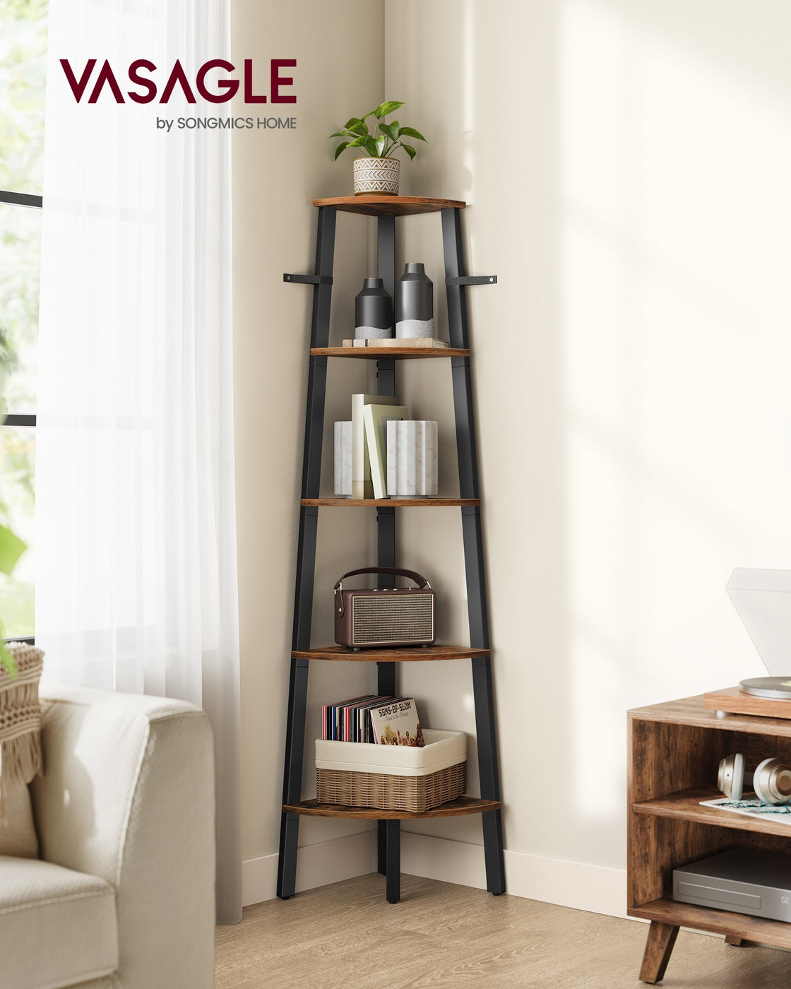 Corner Shelf Stand - 5-Tier - Brown and Black