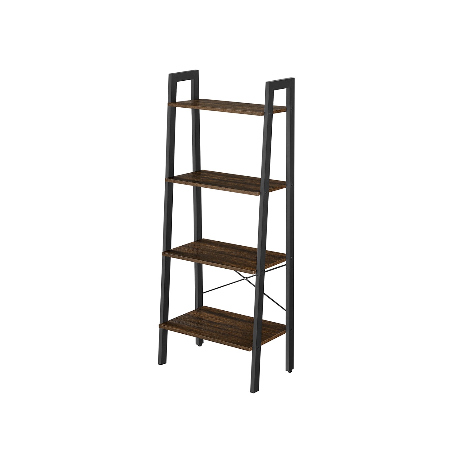 4-Tier Ladder Shelf with Steel Frame - Rustic Dark Brown, Black